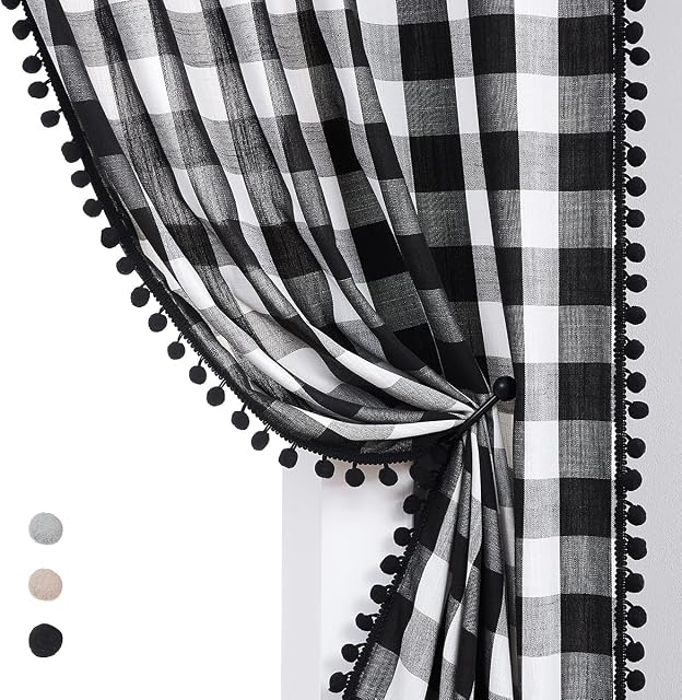 Black Buffalo Check Curtains Pom Pom Rustic Farmhouse Black White Plaid Curtain Panels for Nursery Kids Light Filtering Linen Semi Sheer Window Drapes for Bedroom, Pencil Pleat, 40" x 54" Inch, 1 Pair
