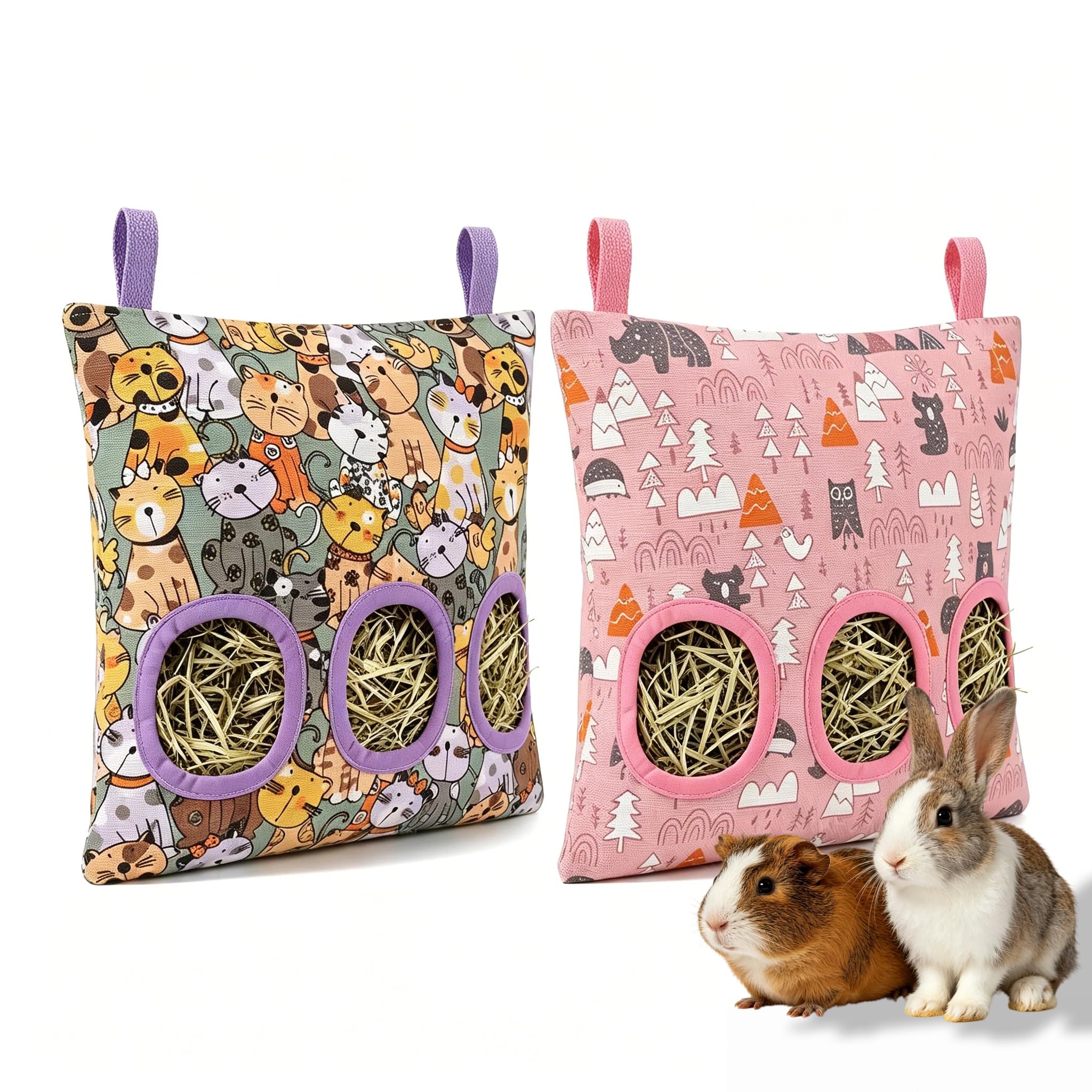 Hay Feeder Rabbit, Hanging Hay Bag with 3 Windows, 35x28cm Small Animal Feeder for Guinea Pigs, Bunnies, Chinchillas, Hamsters