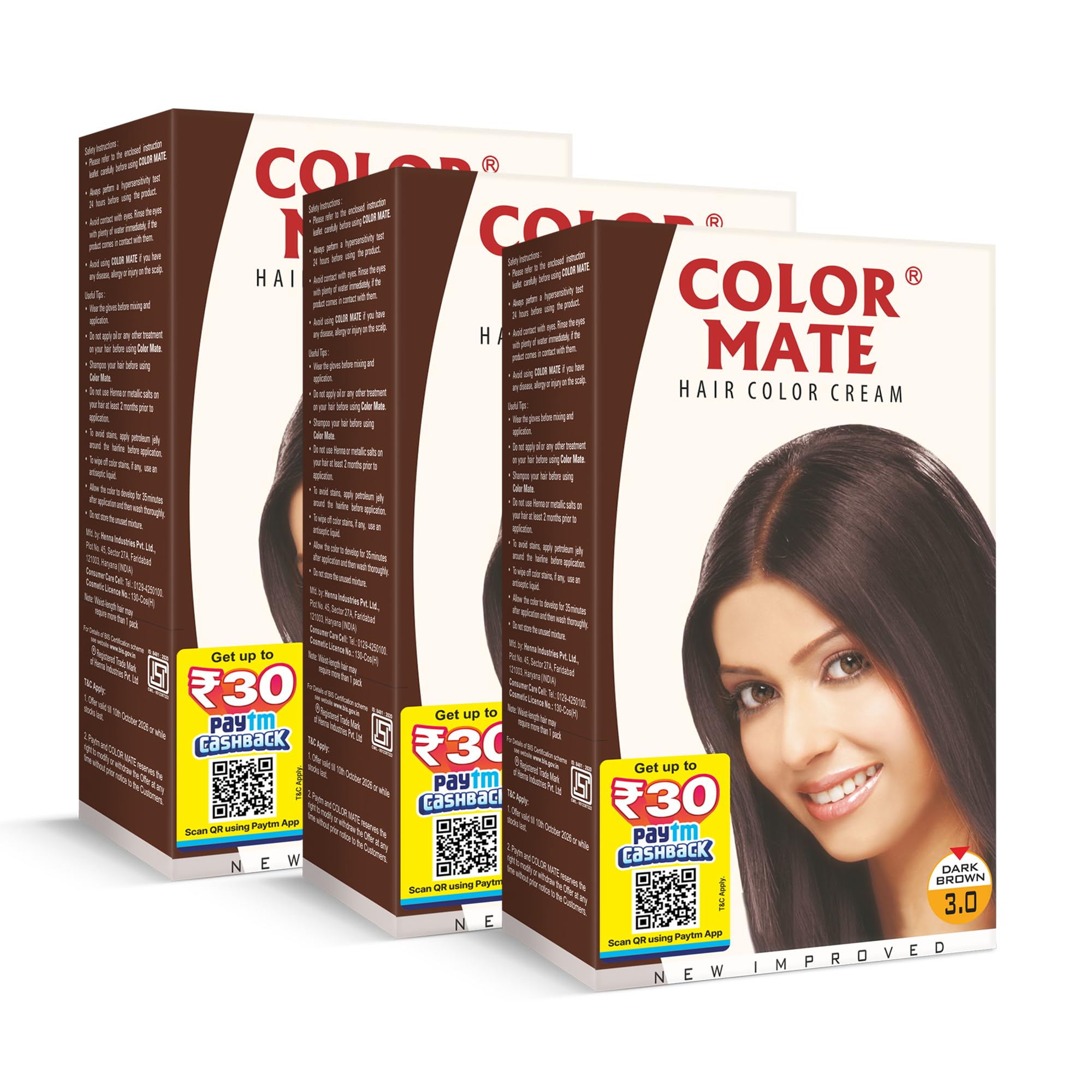 Color Mate Hair Color Cream/Creme with Natural Oils | 100% Grey Coverage, Long-Lasting, Chemical-Free Permanent Hair Conditioning Colour | Unisex, 3.0 Dark Brown, 65ml X Pack of 3-picture-55