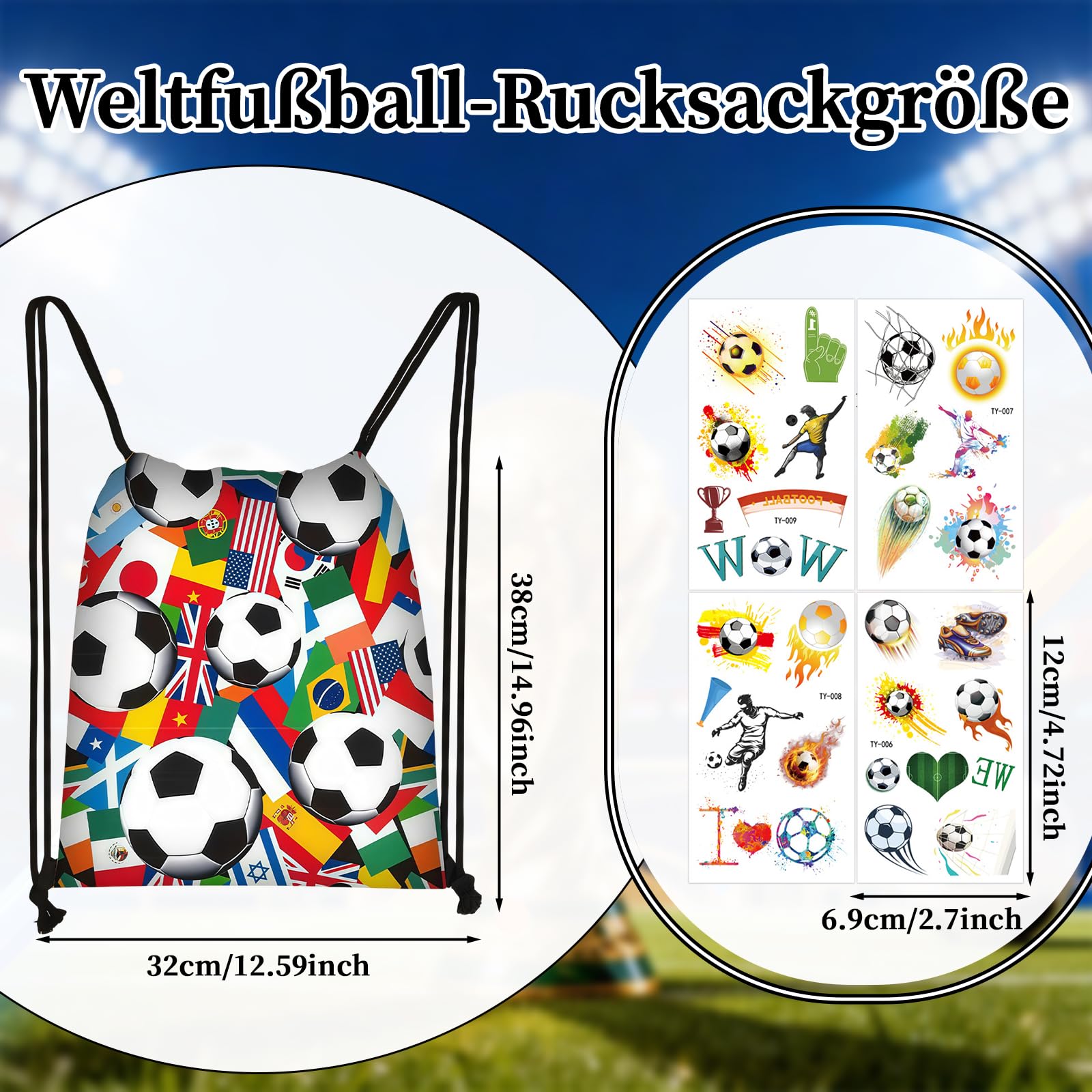 World Cup Football 2026 Drawstring Bag And World Cup 2026 Tattoos - 2pc World Cup Supporter Fan Gear For Boys Girls, Multi-Nation Flag Backpack & Stadium Accessory Set — view 2