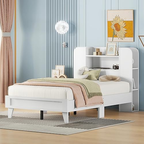 NCKMYB Cama baja para niños, cama de plataforma baja de madera con estantes de almacenamiento, cama para niños y niñas jóvenes, color blanco