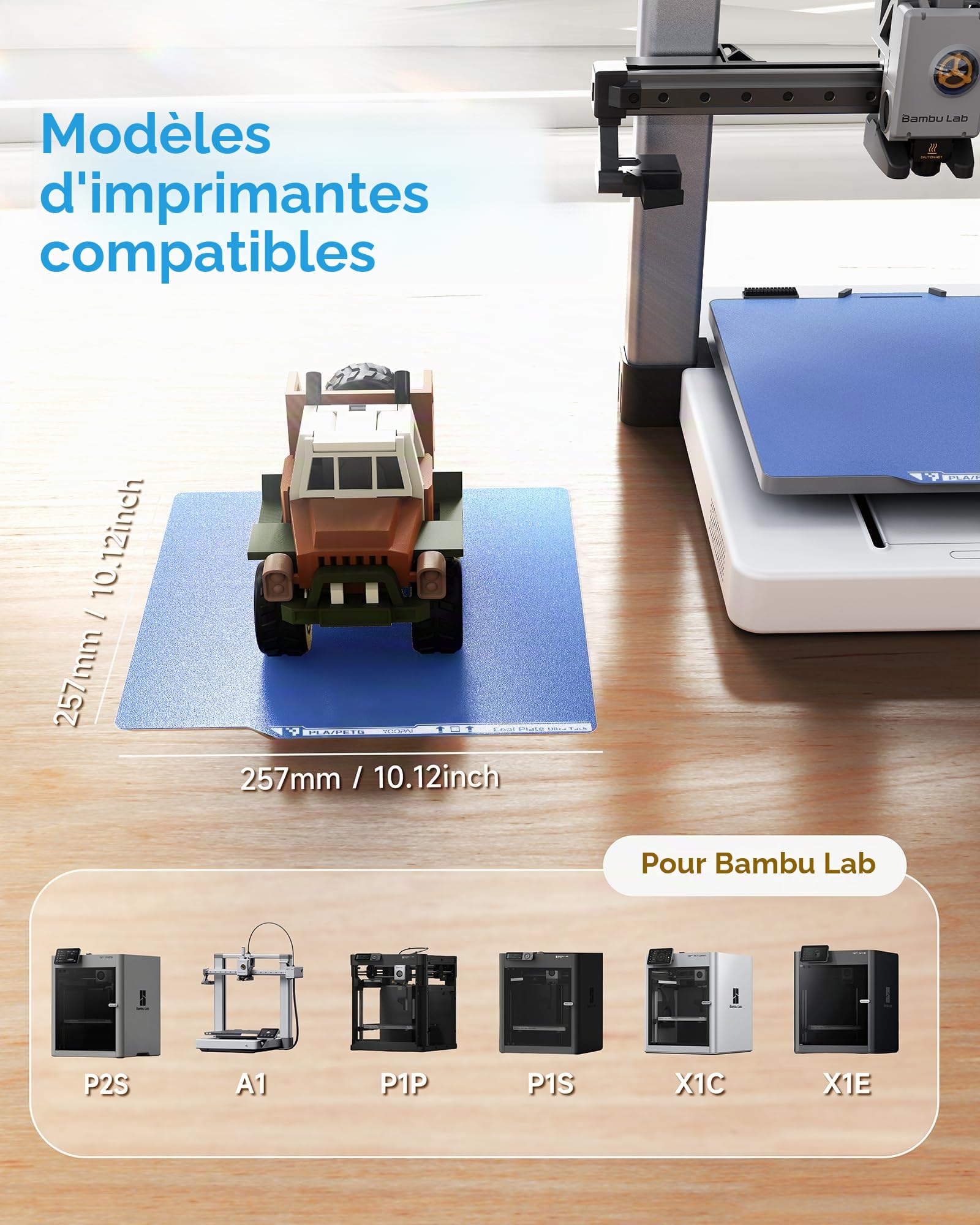 YOOPAI Plaque de Impression à Froid 257 x 257 mm pour Imprimante 3D Bambu-Lab X1 X1C X1E P1P P1S A1, Ruban anti-déformation avec revêtement UltraTack, Bleu