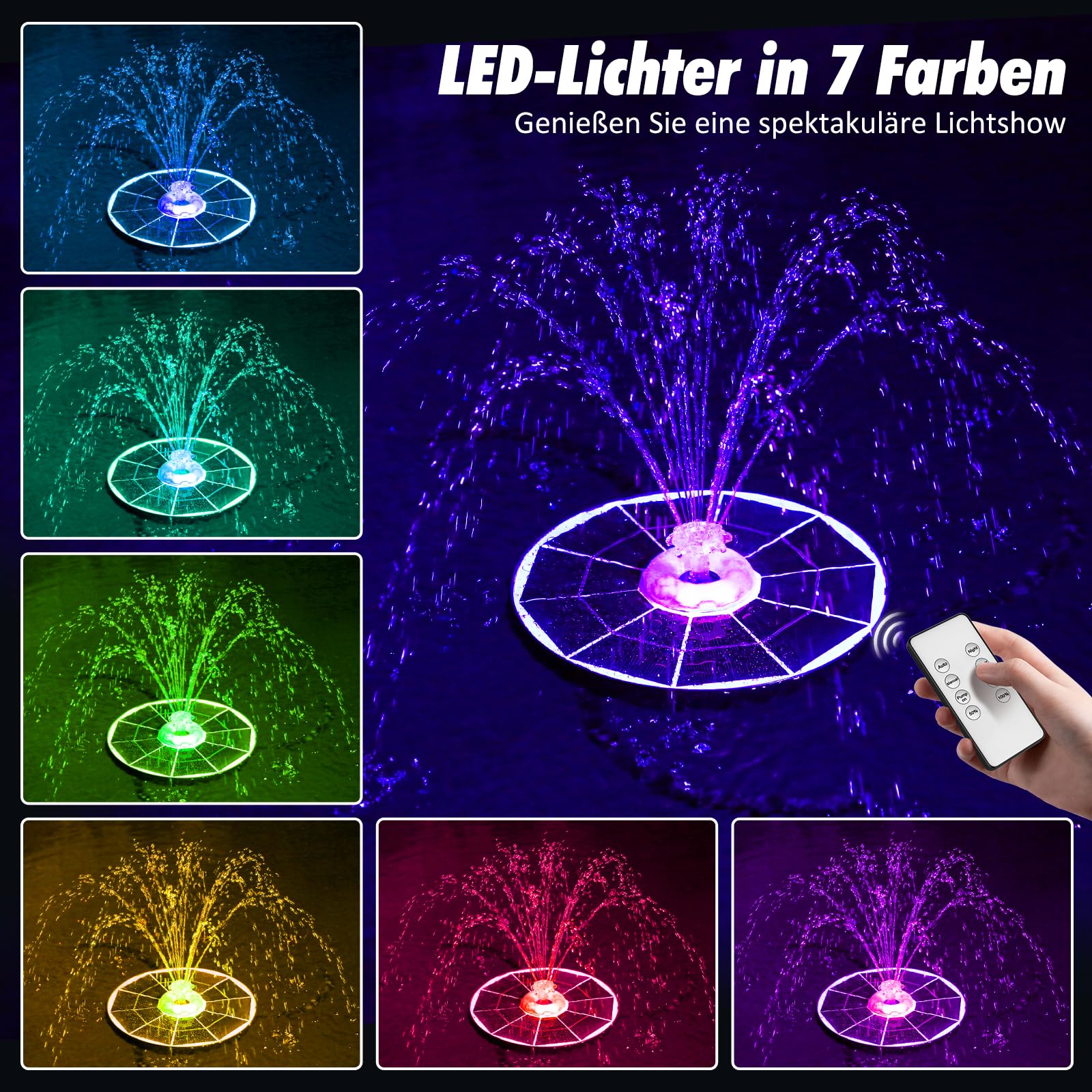 AISITIN 6.5W LED Solar Springbrunnen für Außen mit Fernbedienung, Solar Schwimmender Fontäne Pumpe mit 4 Sprüh Effekten,mit Akku und Gebührenpflichtig,Solarbrunnen für Draussen für Garten,Vogelbad