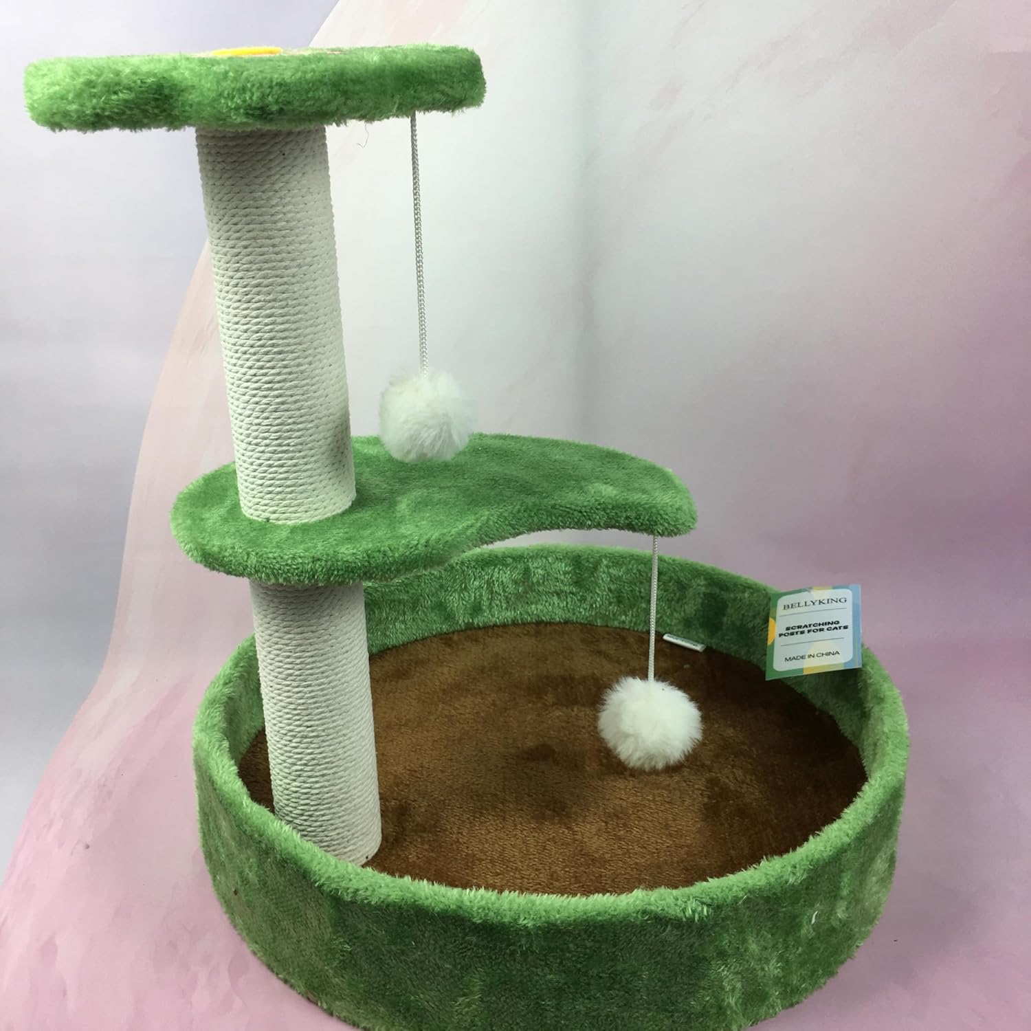 BELLYKING Scratching Posts For Cats, Cat Scratching Post with Bed, Multi-Level Cat Tree with Toy Balls, Green Flower Design