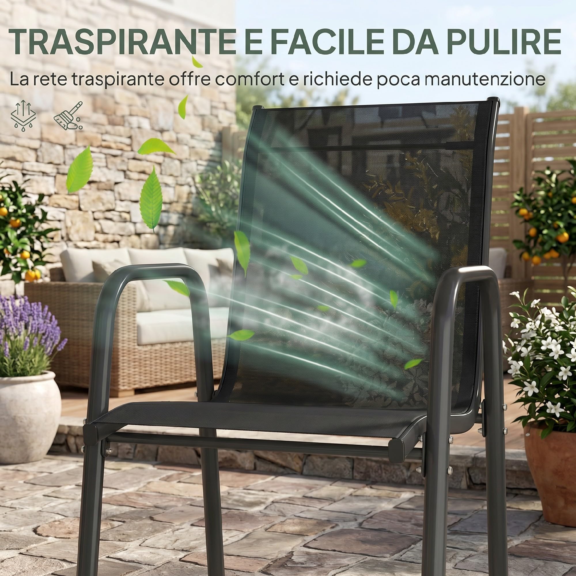 Outsunny Set 4 Sedie da Giardino Impilabili in Texteline Traspirante, Sedie per Pranzo da Esterno con Schienale Alto e Braccioli, in Metallo, da Patio, Balcone, Terrazza, Esterno, 51x69x87 cm, Nero