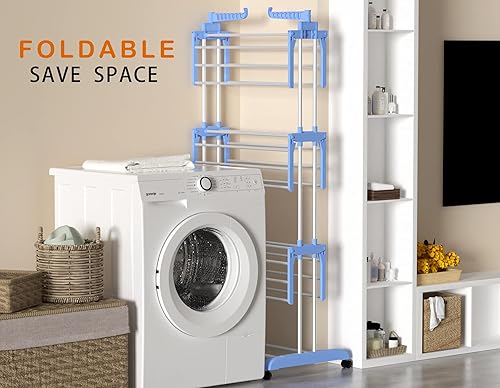 Miniatura 4 de HOMIDEC Tendedero de Ropa, Tendedero Plegable Grande de 4 Niveles para Ropa (67.7H x 19.7W x 30L Pulgadas), Móvil con 4 Ruedas. Tendedero Azul