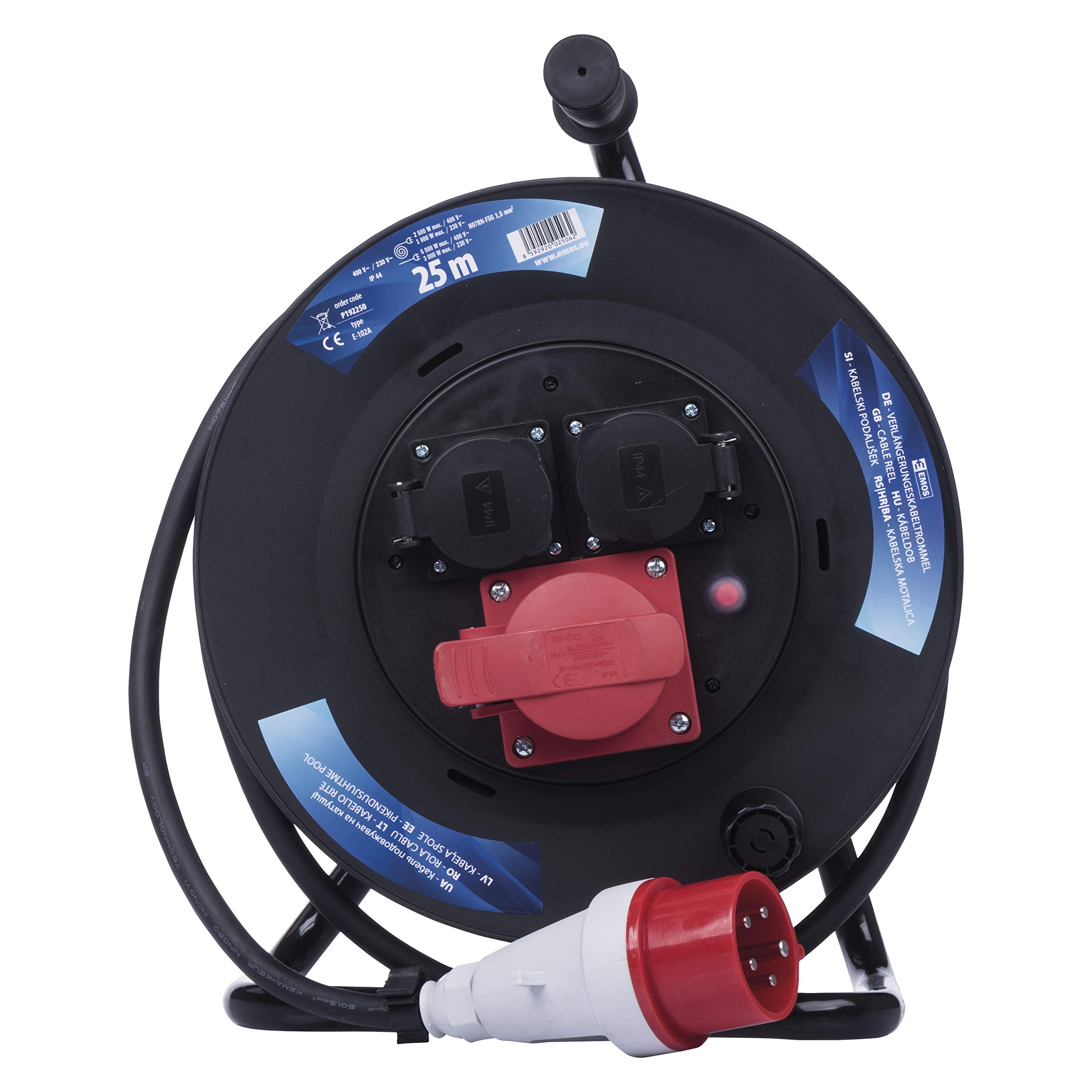 EMOS - Bęben kablowy CEE 25 m - 3 gniazda (1 CEE, 2 Schuko) - wodoszczelny - 230 V/400 V, 13 A, 3000 W/5000 W - izolacja gumowa - H07RN-F 1,5 mm2 - IP44 do użytku na zewnątrz i na kemping