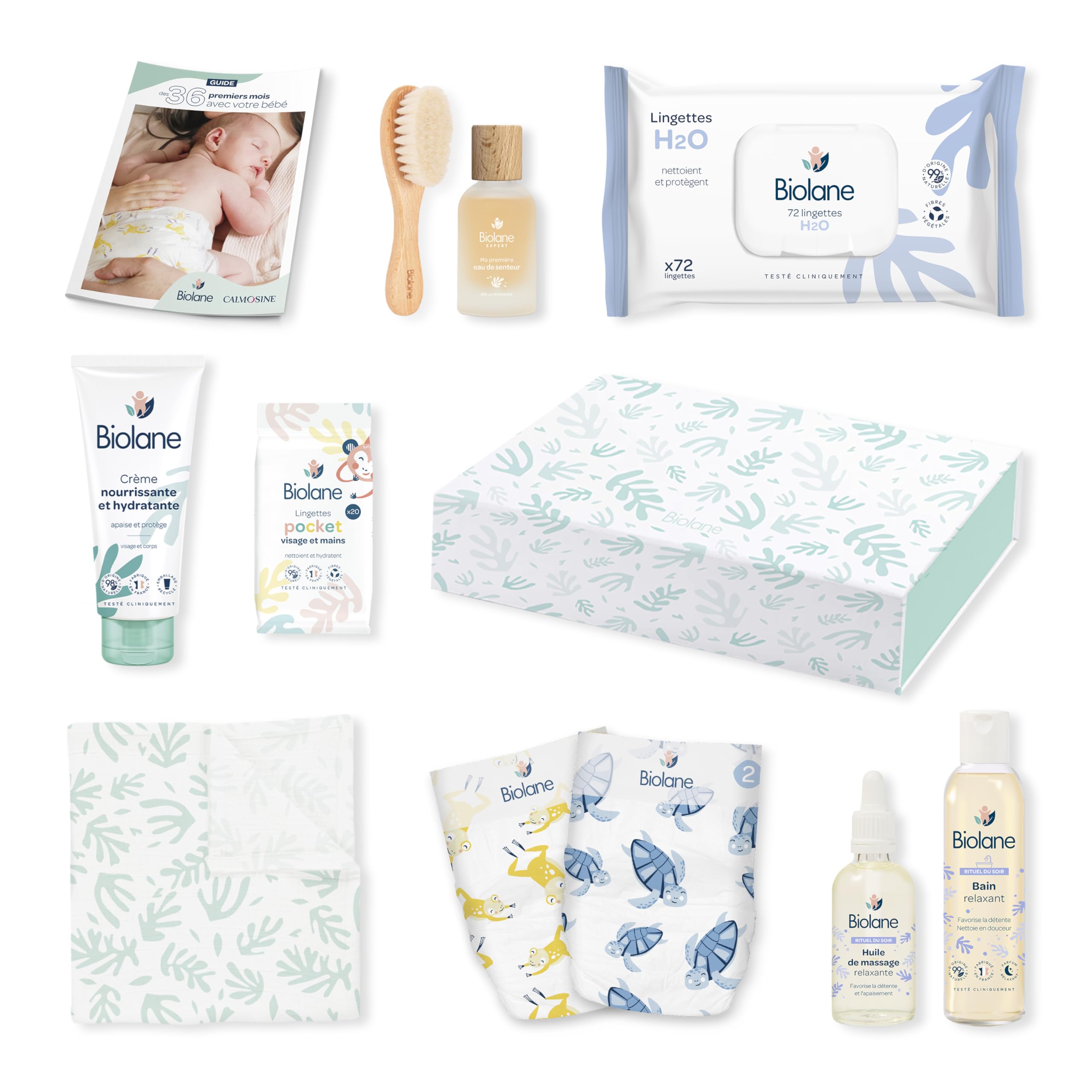 BIOLANE Coffret Cadeau Naissance 10 Essentiels Bébé Couches Lingettes H2O Lange Doux Soins Eau de Toilette Complet