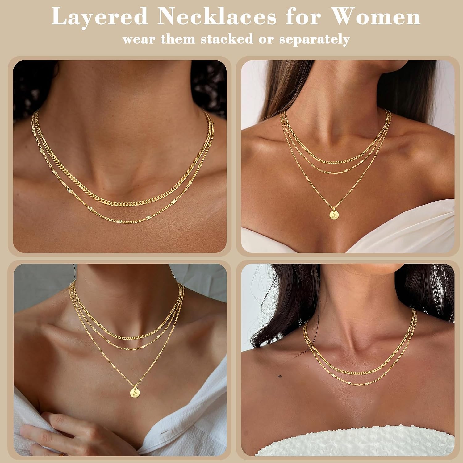 Apsvo Necklaces for Women, 3PCS Layered Initial Necklaces 14K Gold Plated/Sterling Silver Stack Cuban Link Chain Pendant Necklace for Women Jewelry Gift Non Tarnish