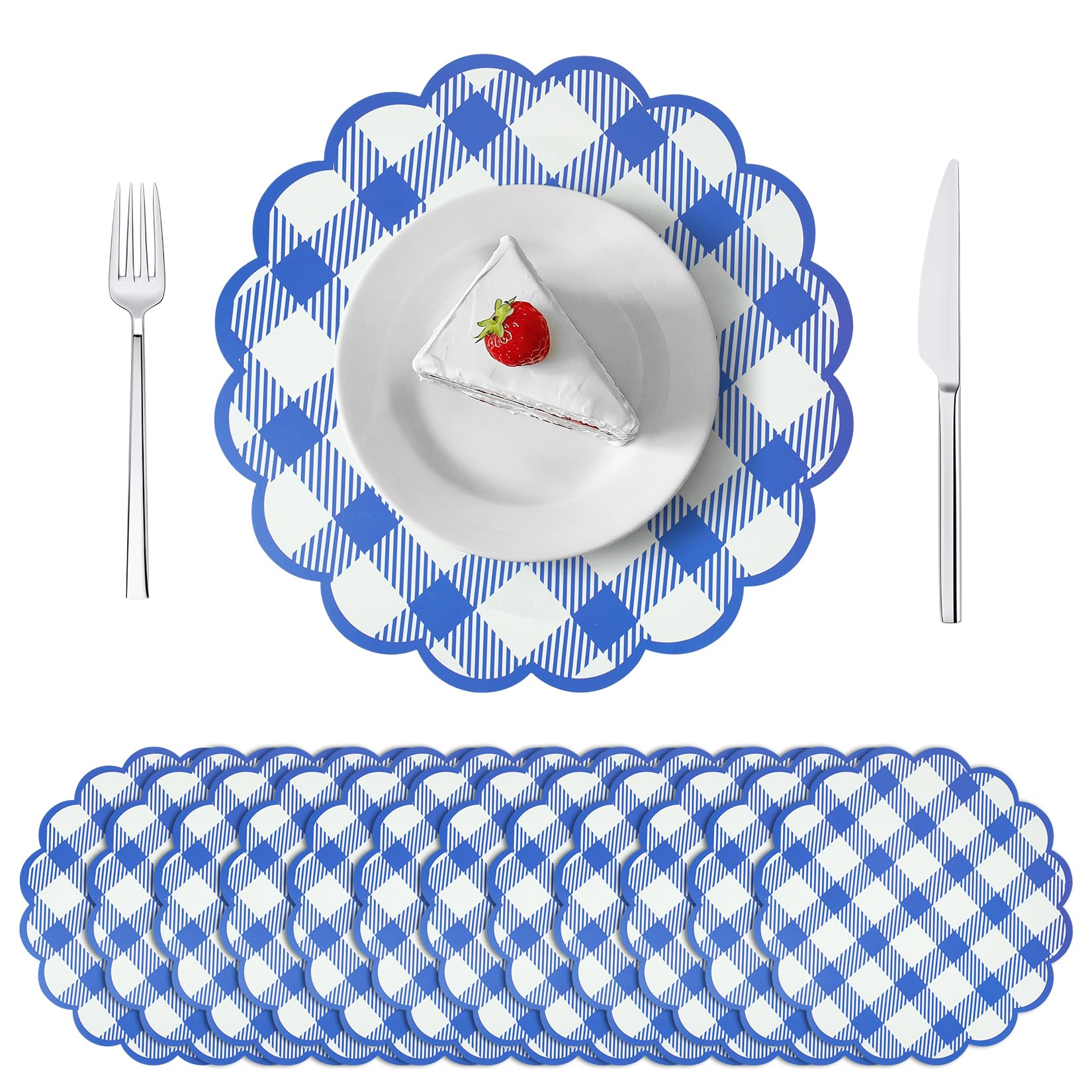 Photo 1 of 48Pcs Blue Checkered Paper Placemats 13.5 Inch Scalloped Round Disposable Gingham Place Mats, Waterproof Decorative Table Mats for Baby Shower Outdoor Picnic BBQ Birthday Tea Party