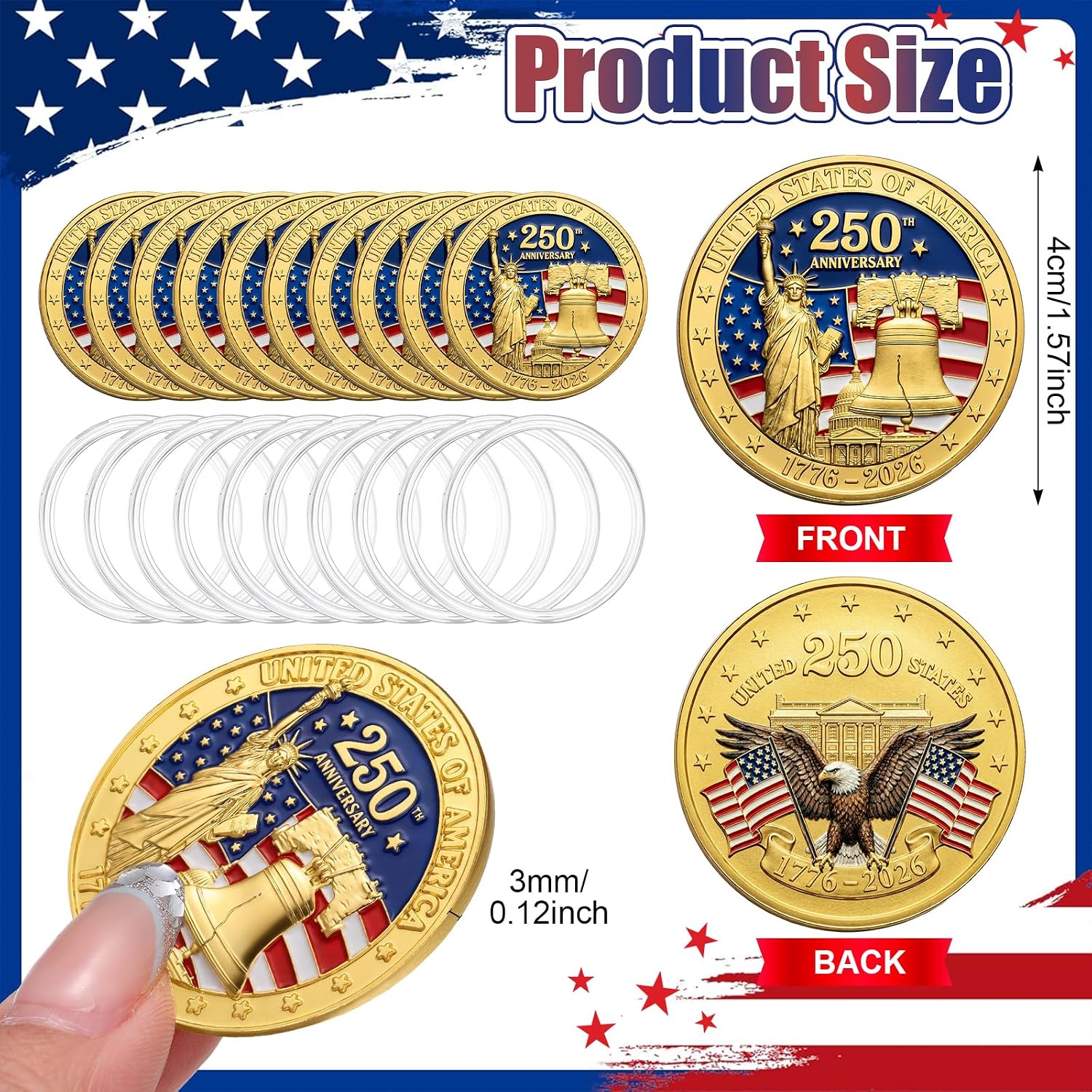 Kenning 40 Pcs 250th Anniversary Commemorative Coins in Capsule USA Challenge Coin Golden American Flag & Liberty Bell Collectible Coin Durable Merchandise for Display Celebration Gift Idea