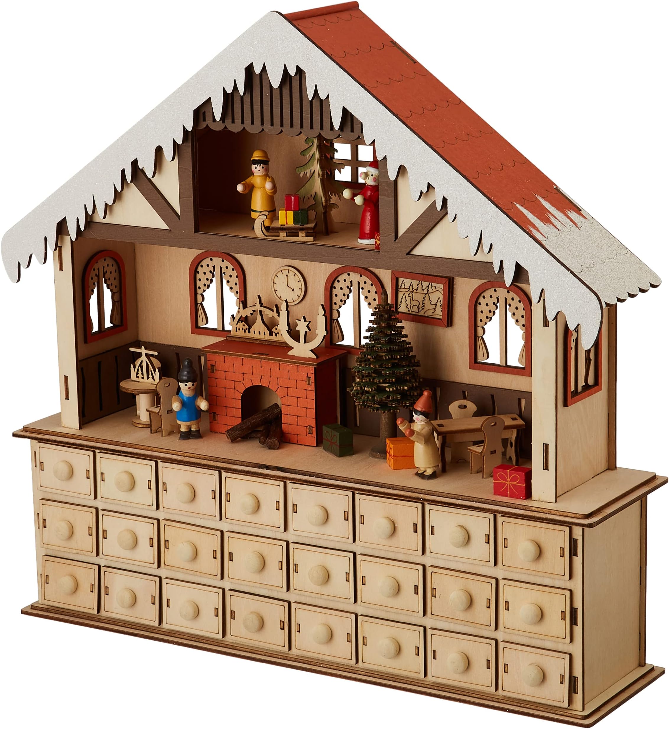 Small FootLiving Room Advent Calendar with Lights, Wood, Nature, 39 x 10 x 38 cm