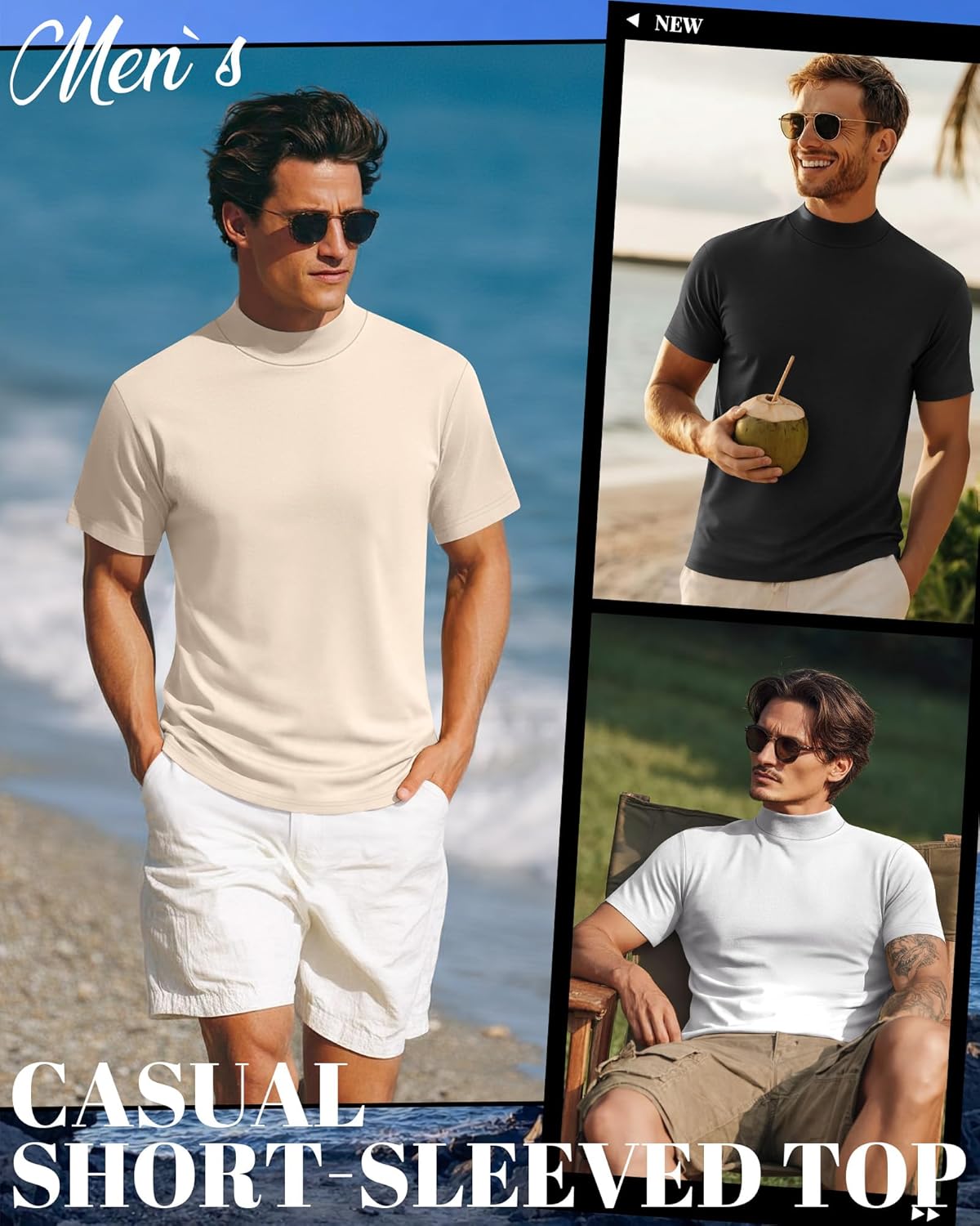August Alley 3 Pack Mens Mock Neck T Shirts Short Sleeve Mock Neck Undershirt Pullover Tops Summer Slim Fit Casual Basic Tees