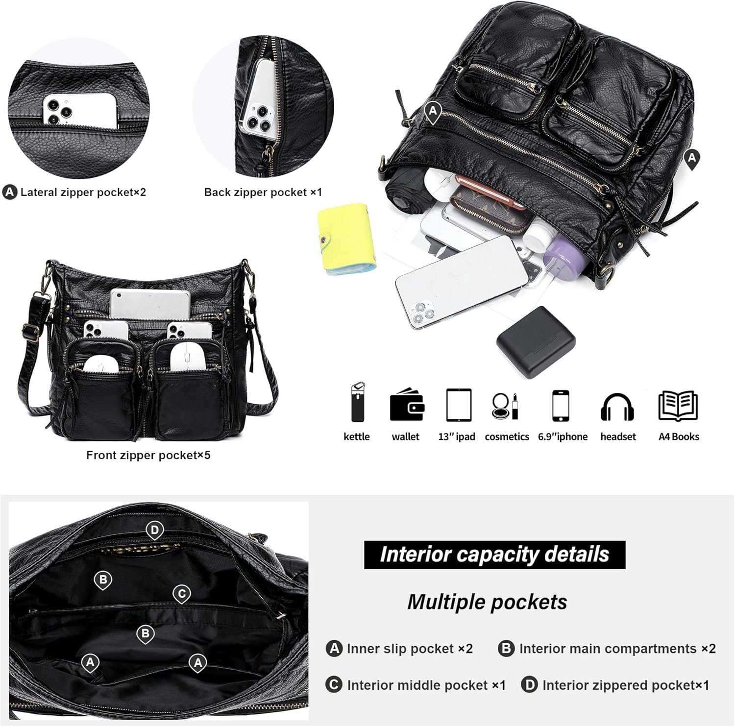 Worldlyda Purses for Women Hobo Shoulder Bags Y2K Vagen Leather Multi-Pocket Tote Crossbody Bags