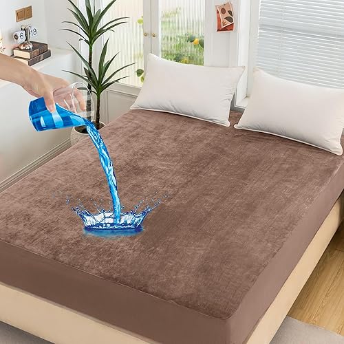 Yinlnpaul Sábana bajera impermeable tamaño individual con bolsillo profundo, sábana bajera de terciopelo cristalino, sábana bajera de felpa ultra