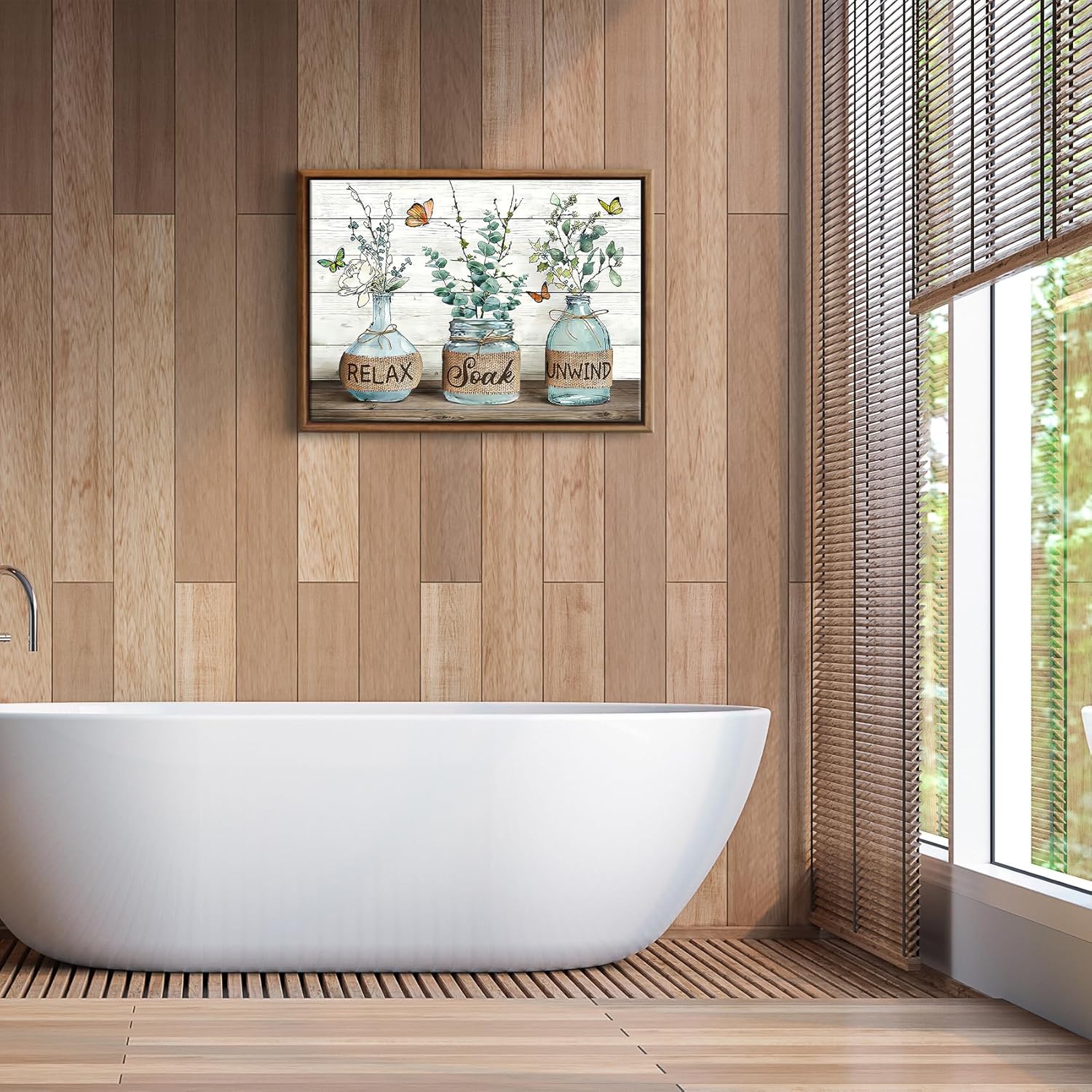 BJVJKSU Framed Farmhouse Bathroom Wall Art Rustic Green Botanical Bathroom Canvas Wall Decor Relax Soak Unwind Painting Print Eucalyptus Butterfly Picture Artwork Decor(12x16in)