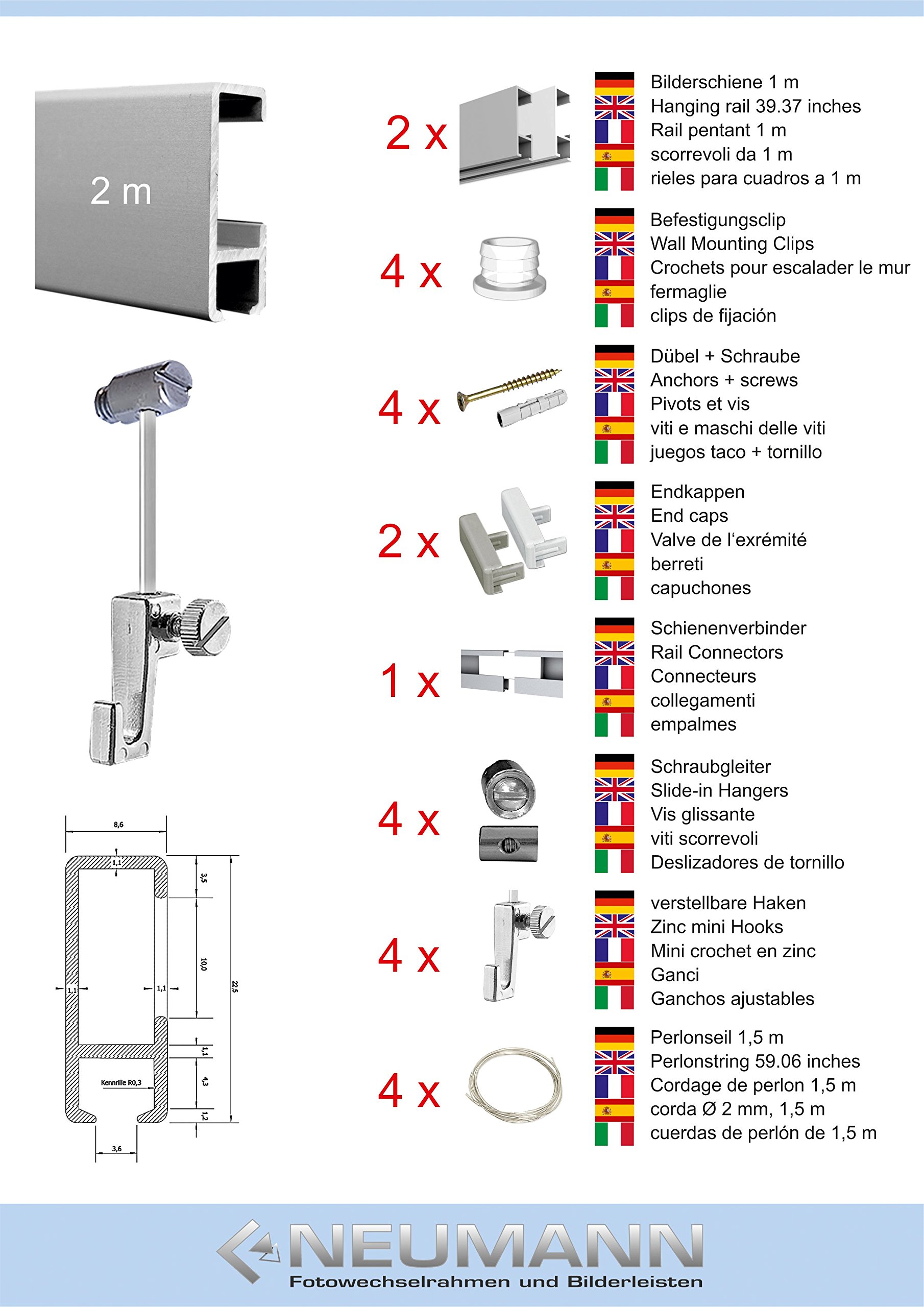 Set complet Cimaise à rail pour tableaux, photos avec accessoires 2 m Argenté mat