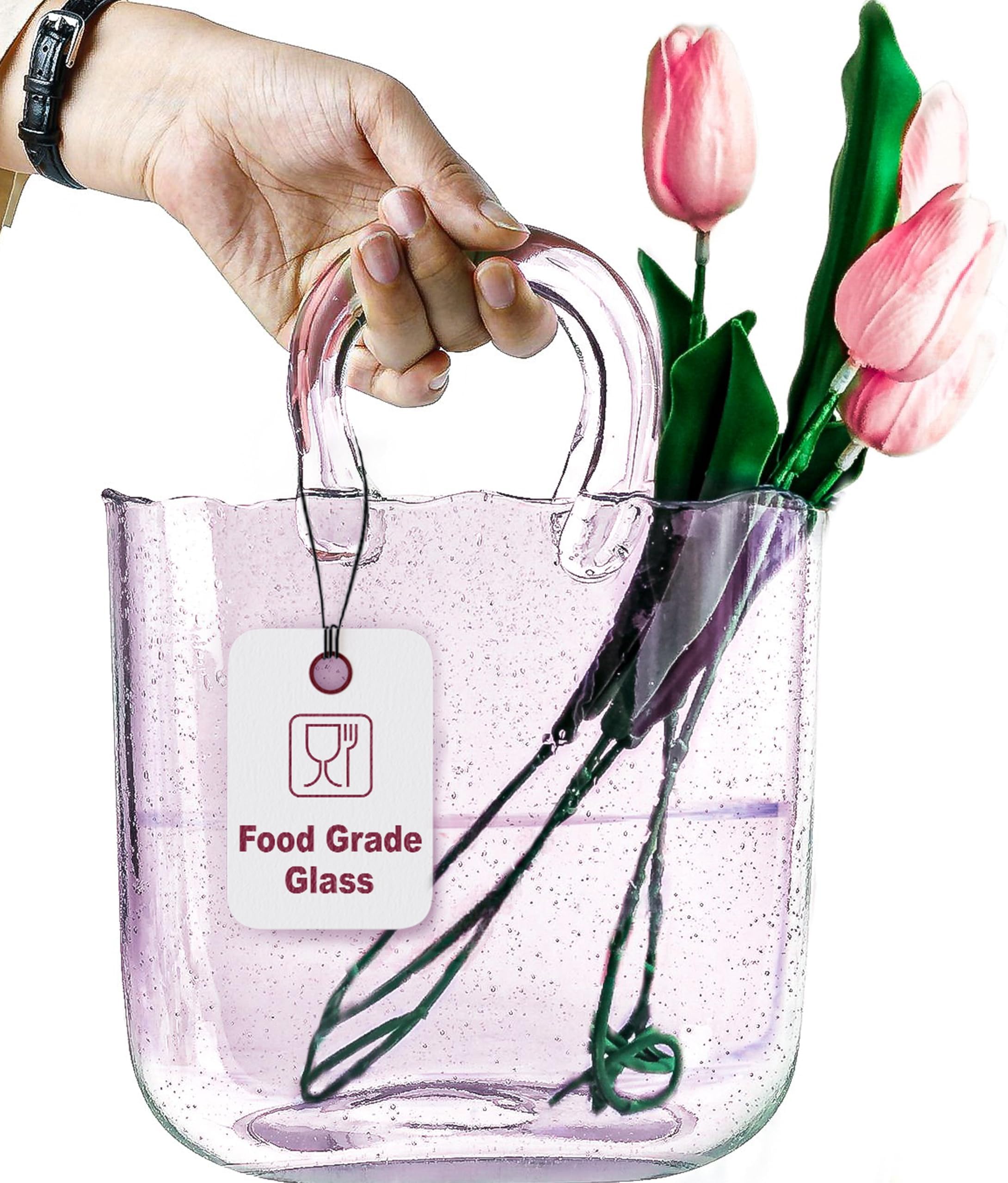 - OLEEK Handmade Glass Purse Vase for Flowers and Drinks - 10 in - Cute Pink Centerpiece & Fish Bowl - Unique Handbag Flower Vase - Wide Mouth Decorative