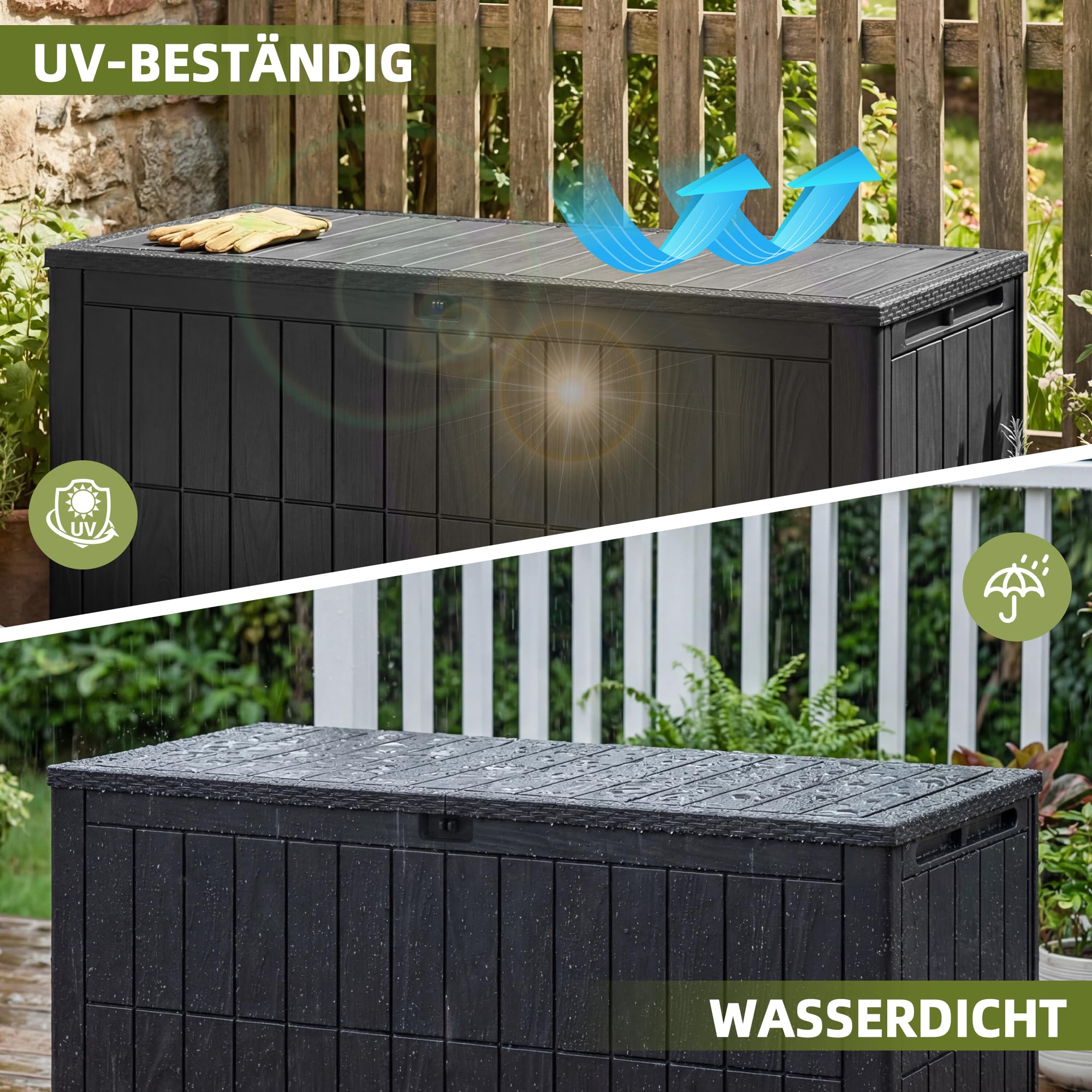 UDPATIO Baule da Giardino Impermeabile 450L, Box Contenitore da Esterno con Molla a Gas, Cassapanca Portacuscini in Plastica per Attrezzi e Accessori Piscina - Antracite