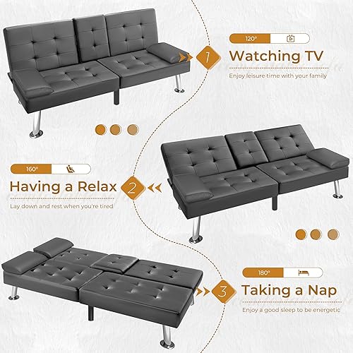 Miniatura 15 de VICTONE Sofá cama futón moderno de piel sintética, sillón reclinable plegable convertible para sala de estar con 2 portavasos y reposabrazos (negro)