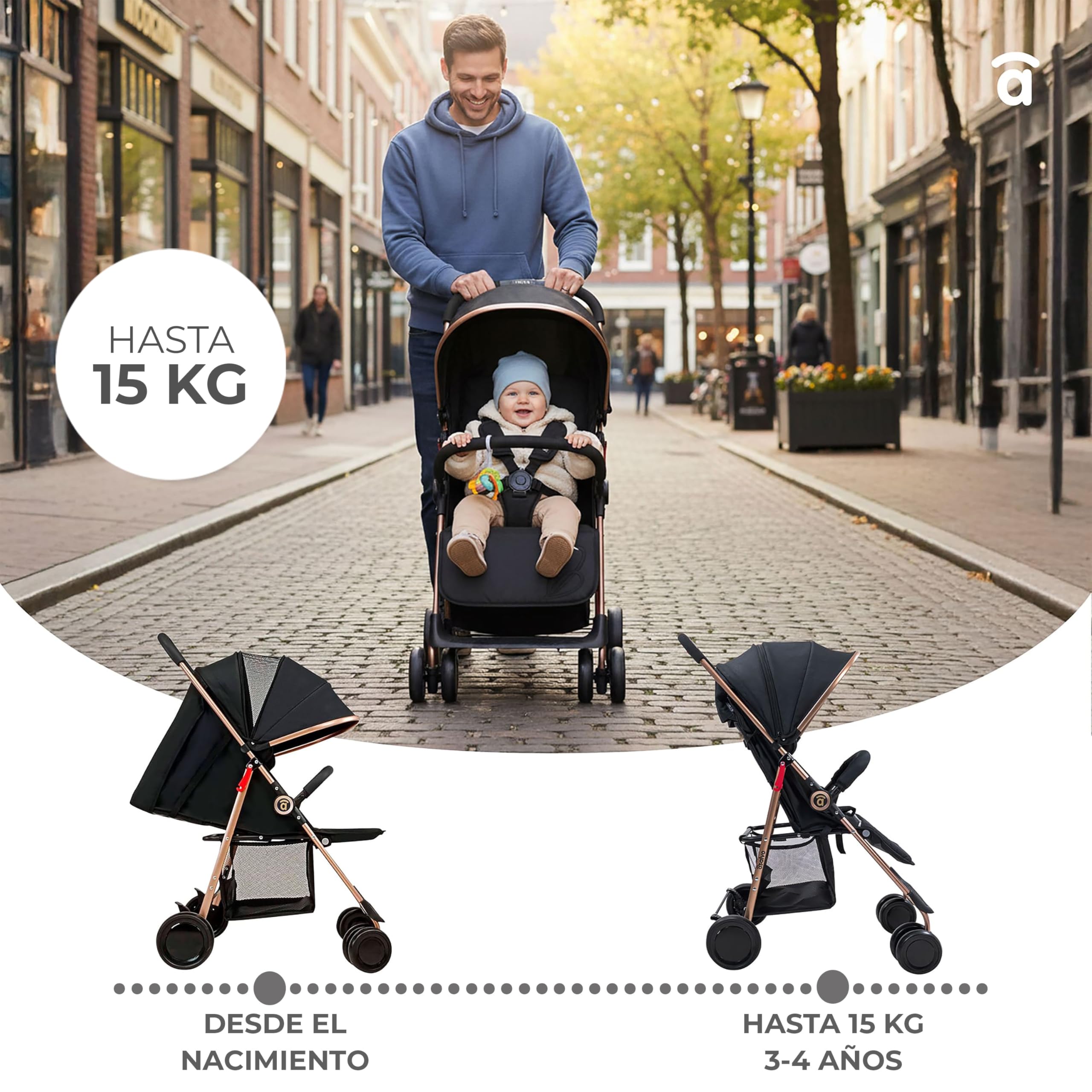 Silla de Paseo Ligera y Compacta para Bebé desde Nacimiento, Carrito Bebé Ultraligero 5,5 kg con Respaldo Reclinable, Capota Extensible, Arnés 5 Puntos y Suspensión – Asalvo NOVA Dorado