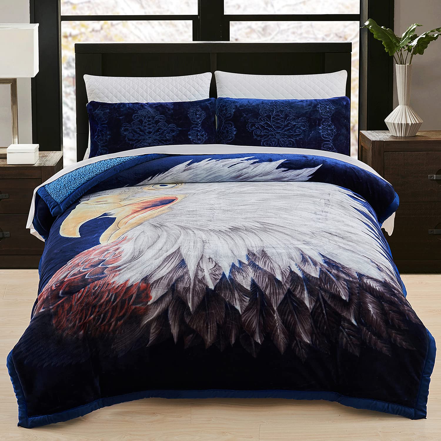 JMLSherpa Flannel Blanket, 3-Ply Fleece Blanket with Pillow Shams- Soft, Warm, Korean Style Printed Bed Blanket, Printed - Animal Eagle