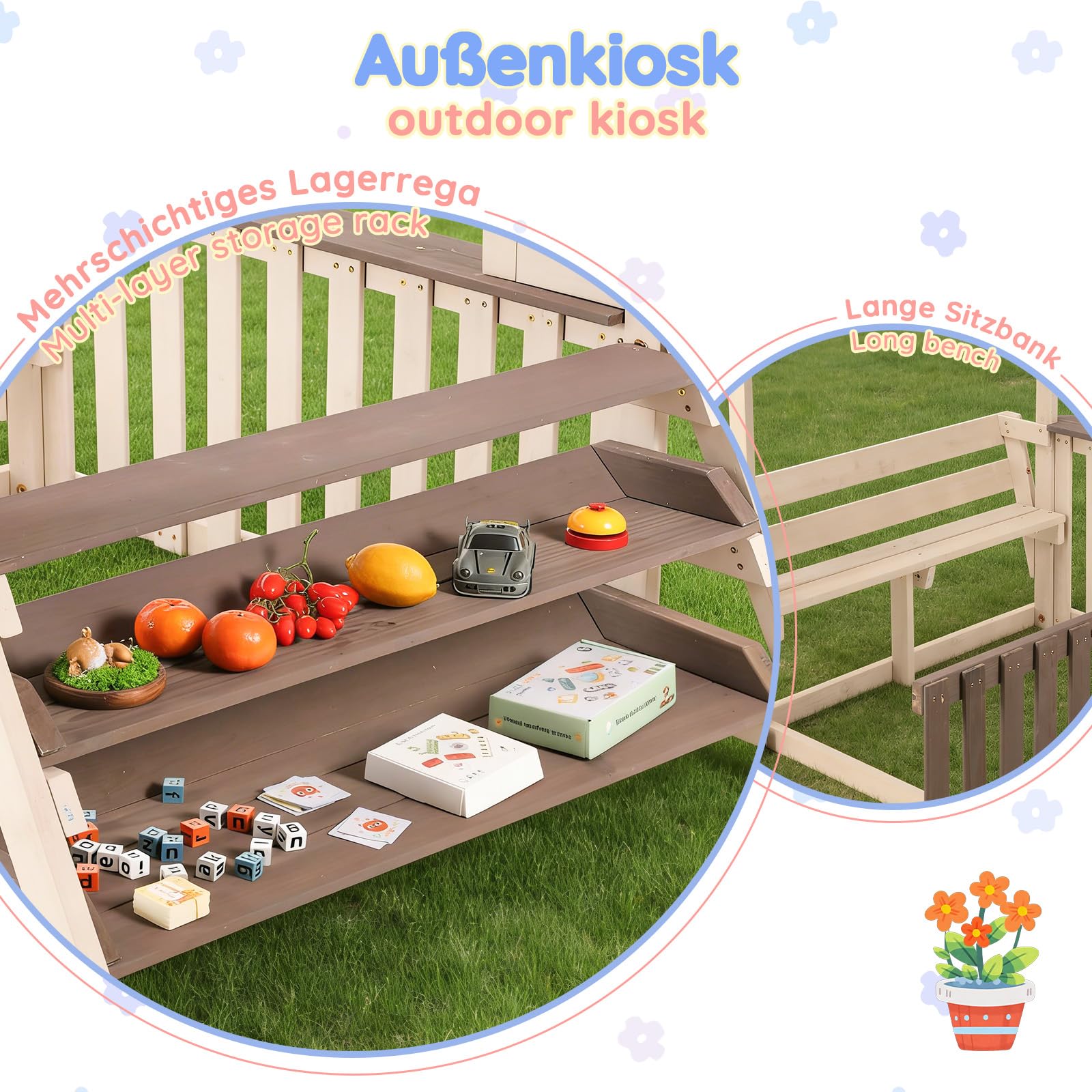 Outdoor-Küchenspielset Holz, regensicheres Dach, Geländer, ab 3 Jahren, für Garten