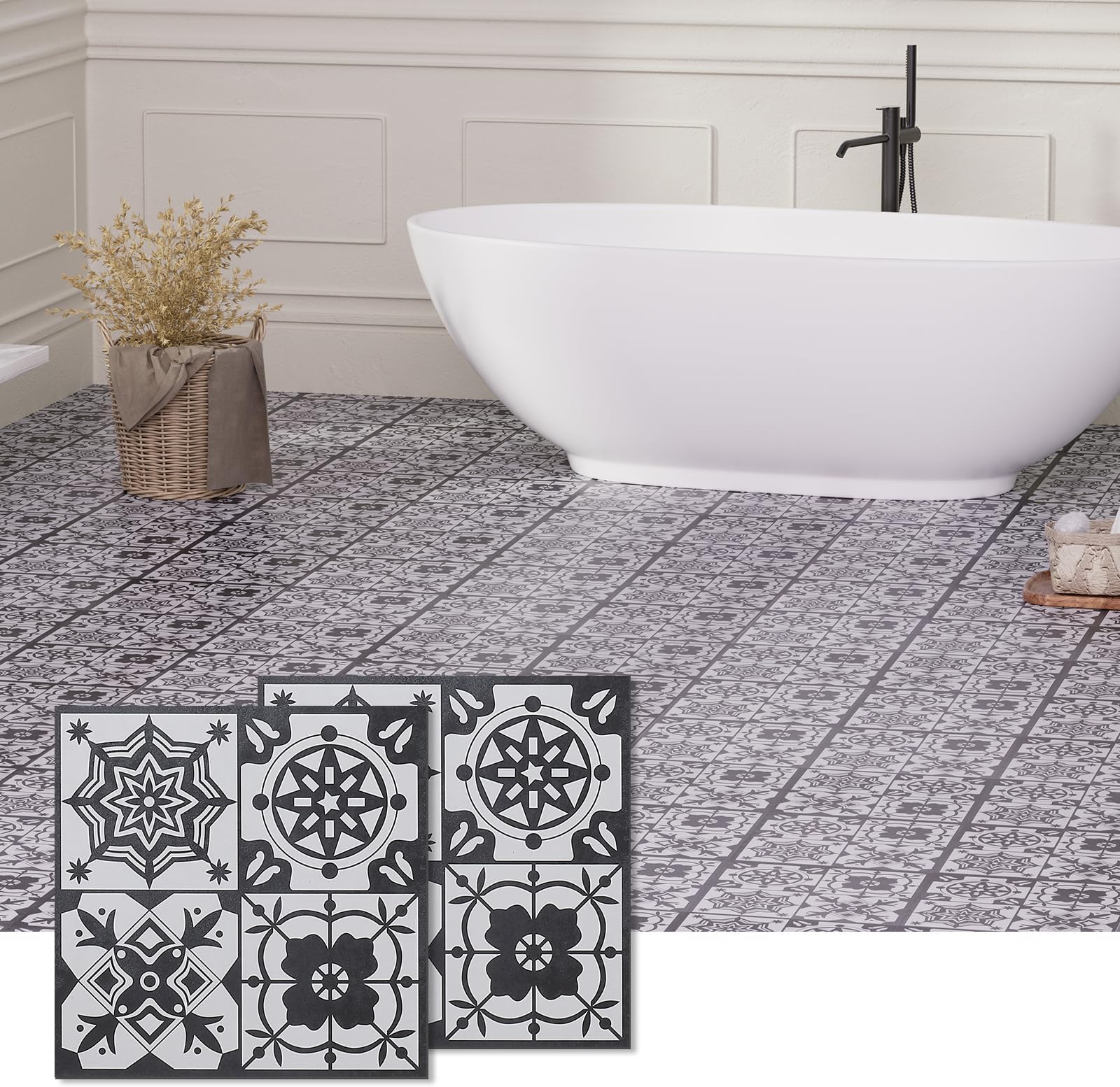 Peel and Stick Floor Tile, 20-Pack 12" x 12" Vinyl Flooring, Waterproof Self-Adhesive Luxury Vinyl Tiles, Easy DIY for Bathroom, Kitchen, Dinning Room, RV, Cover 20 Sq. Black