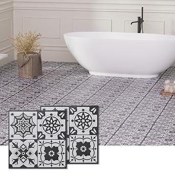 Peel and Stick Floor Tile, 10-Pack 12" x 12" Vinyl Flooring, Waterproof Self-Adhesive Luxury Vinyl Tiles, Easy DIY for Bathroom, Kitchen, Dinning Room, RV, Cover 10 Sq. Black