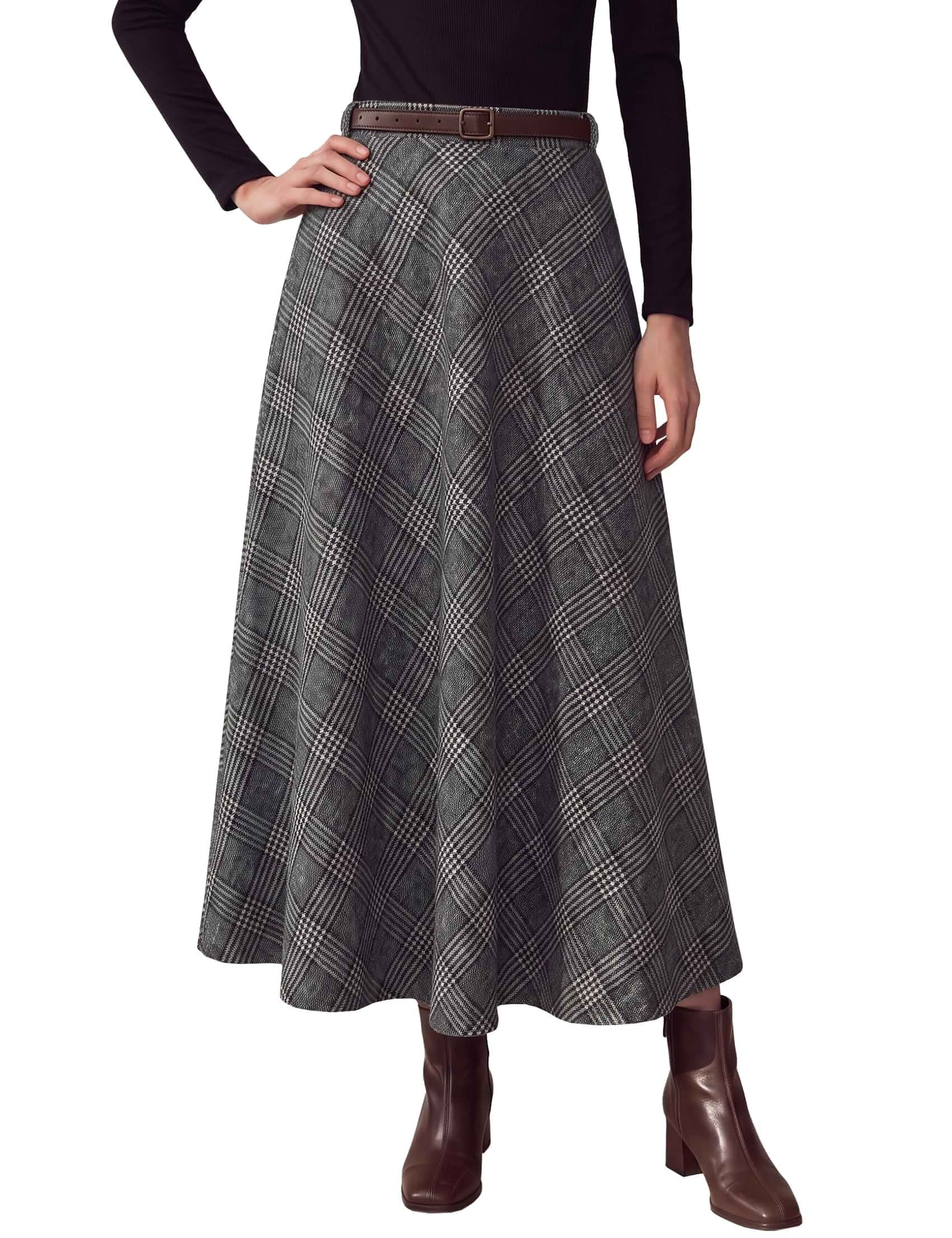 Naggoo Women's Plaid Midi Skirts Vintage High Waist Tartan A Line Skirt Deep Pockets & Hidden Zipper,Warm Checkered Fabric Perfect for Fall Winter Office Wear,Daily Casual,Or Holiday Events