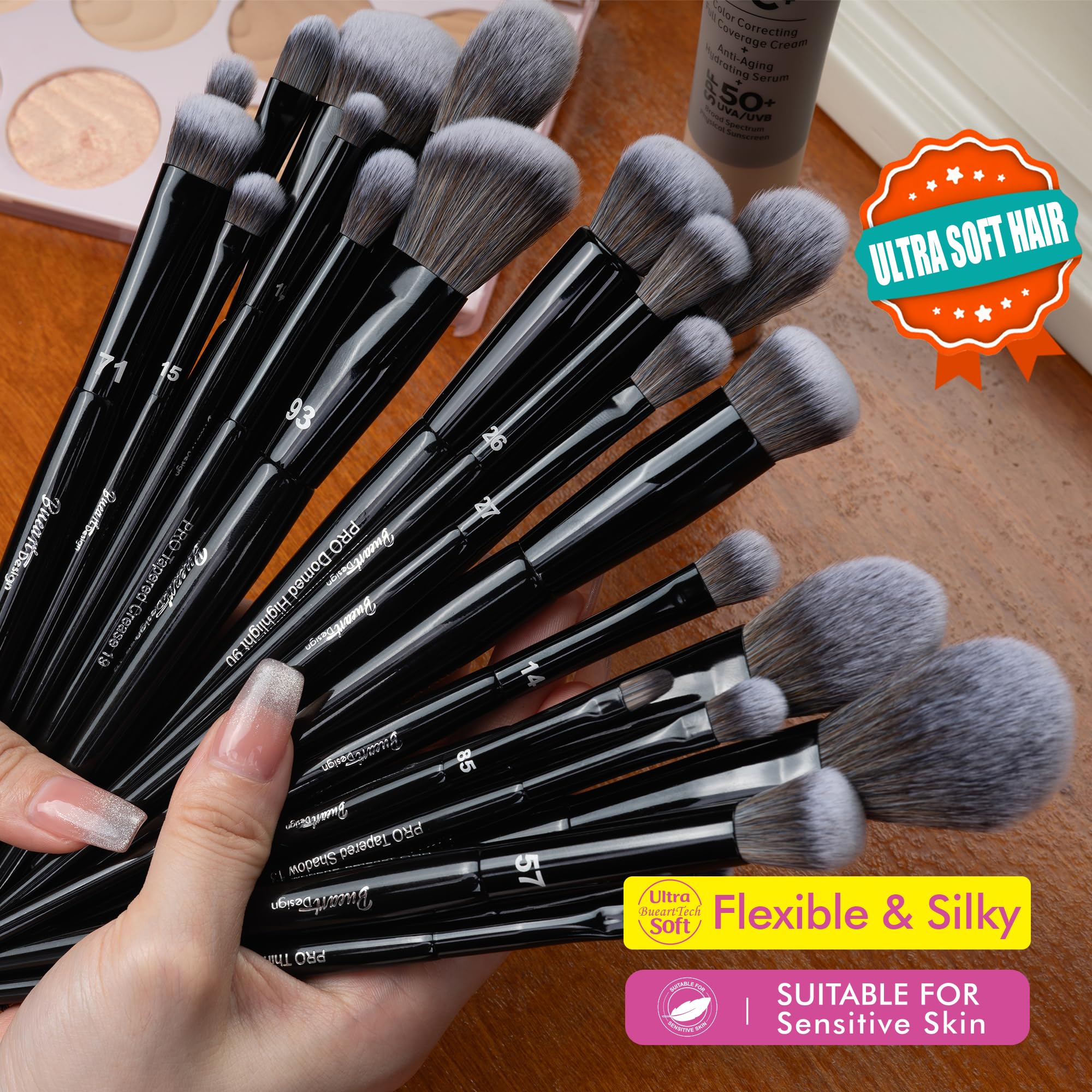 Bueart Design Lot de 32 pinceaux de maquillage de qualité professionnelle avec support extra large, poils synthétiques végétaliens et sans cruauté envers les animaux