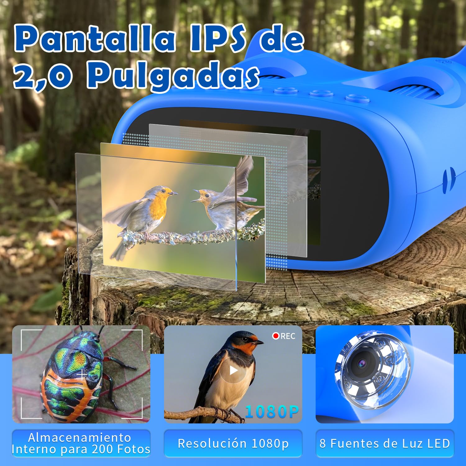 Microscopio para Niños 2 en 1 con Prismáticos, Pantalla IPS HD de 2,0", Aumento 1000x, 8 Luces LED, Resolución 1080P, Juguete de Naturaleza para Niños y Niñas +3 Años, Azul Claro