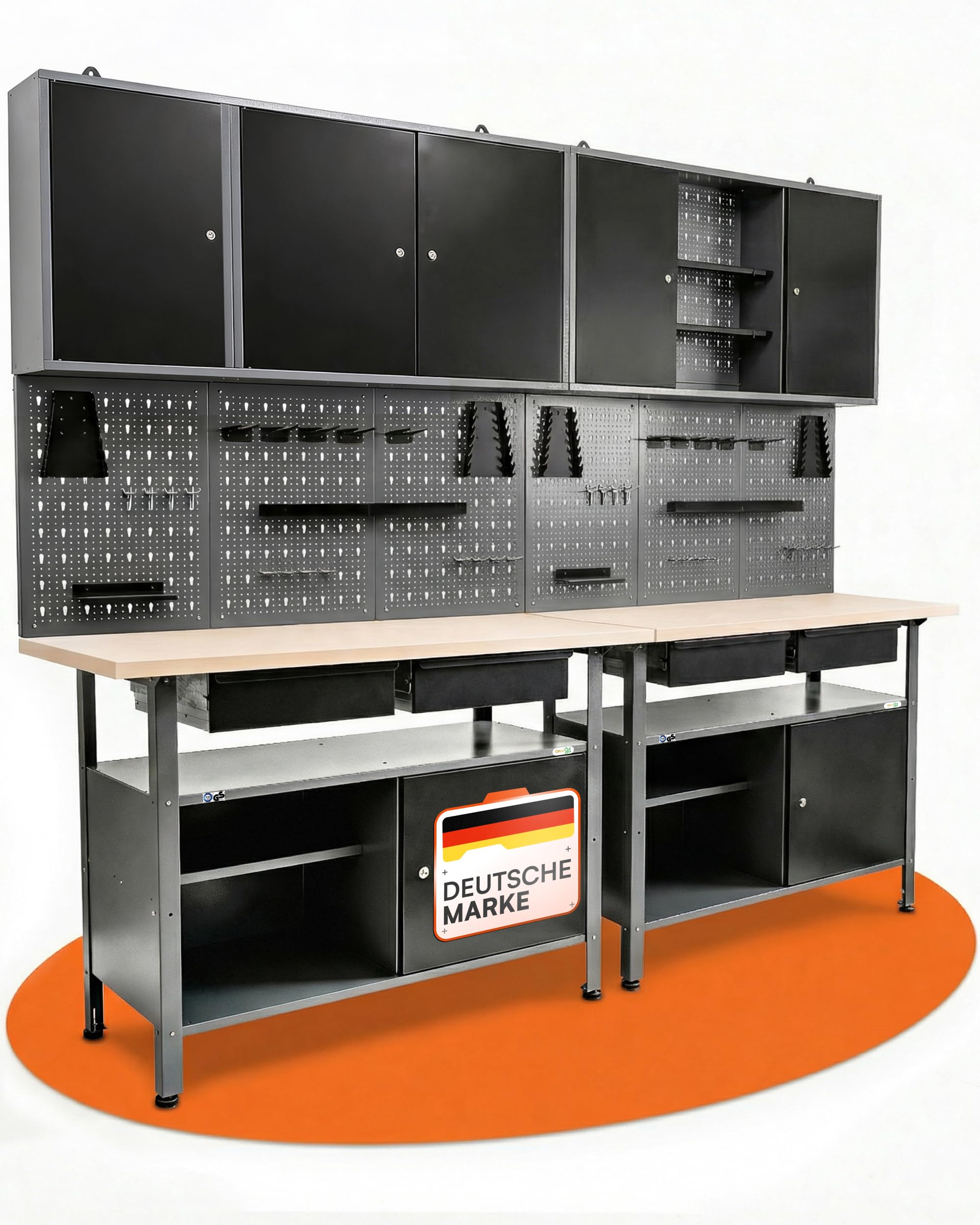 Ondis24 Werkstatteinrichtung Werkstatt Set Werkbank Fritz Hängeschrank Werkzeugwand Metall Schwarz Grau (Hängeschrank Ben & Tim, 242 cm)