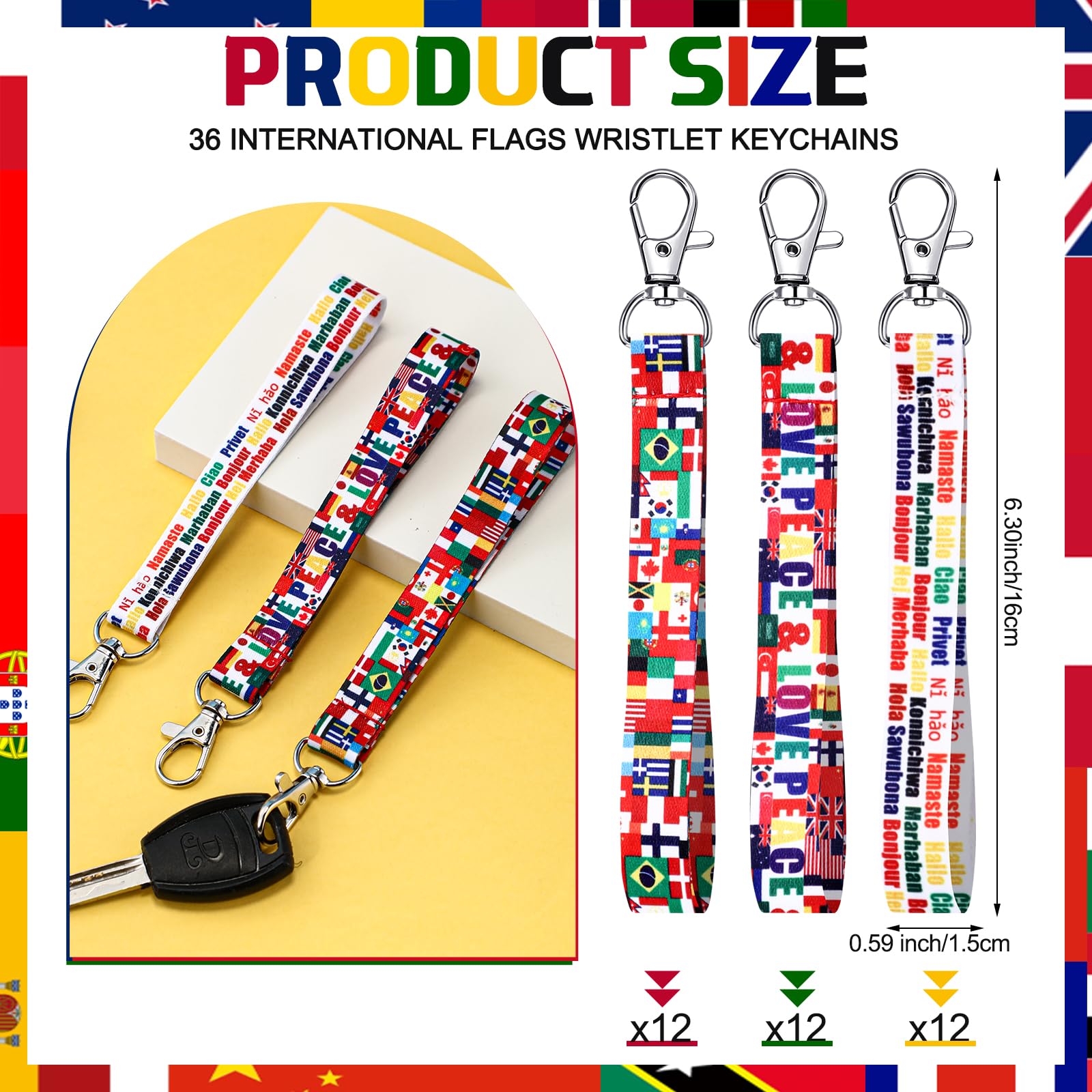 Equsion 36 llaveros con cordón para banderas internacionales, llaveros del mundo, llavero de pulsera, soporte para tarjetas de identificación, regalos multiculturales, regalos para eventos deportivos