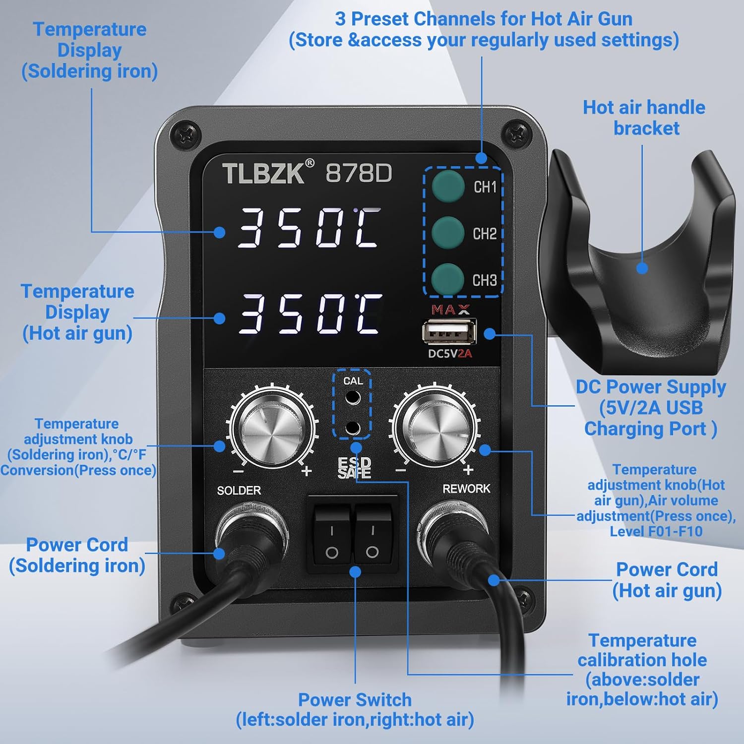 878D 2-in-1 Hot Air Soldering Iron Station Kit for Rework, Desoldering Pump, 5 Soldering Tips, 3 Hot Air Nozzles,Tweezers, IC extractor