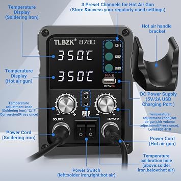 878D 2-in-1 Hot Air Soldering Iron Station Kit for Rework, Desoldering Pump, 5 Soldering Tips, 3 Hot Air Nozzles,Tweezers, IC extractor