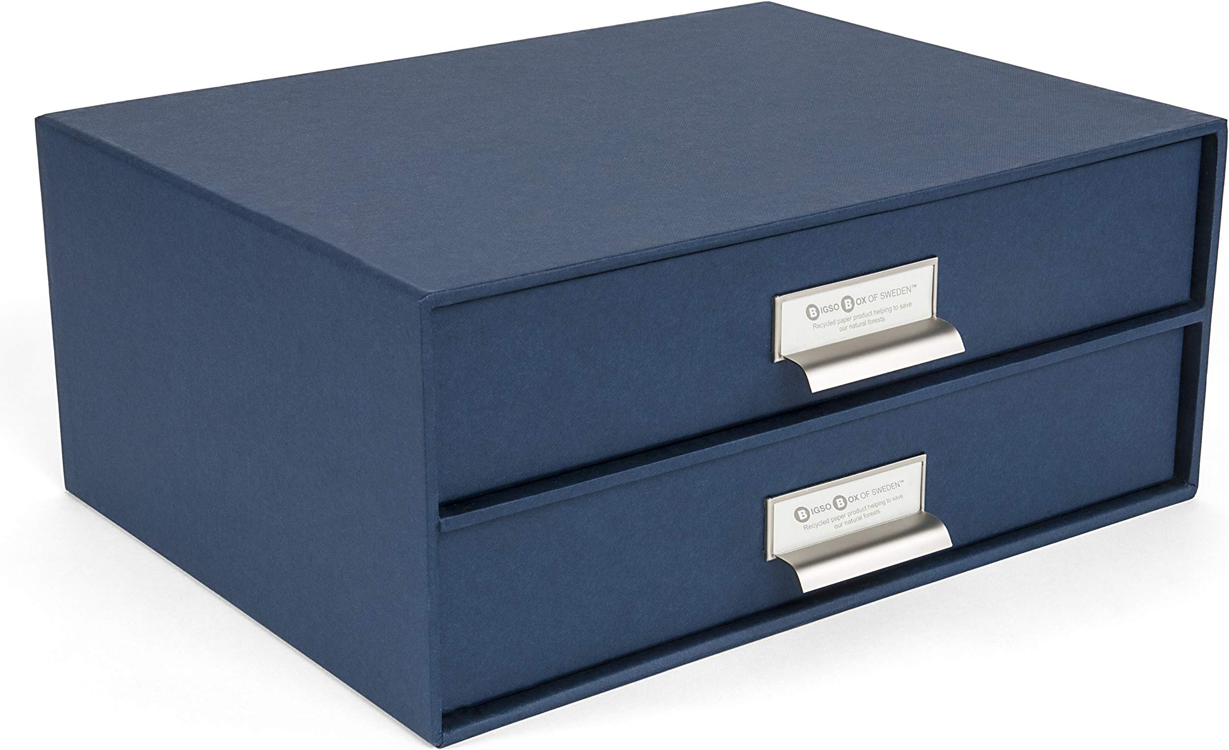 Bigso Birger 2-Drawer Fiberboard Label Frame Document Letter Box | Desktop Drawers for Loose Papers, Documents, and More | Desktop Storage Drawers with Metal Label Holder | 13.1” x 10” x 5.7” | Blue