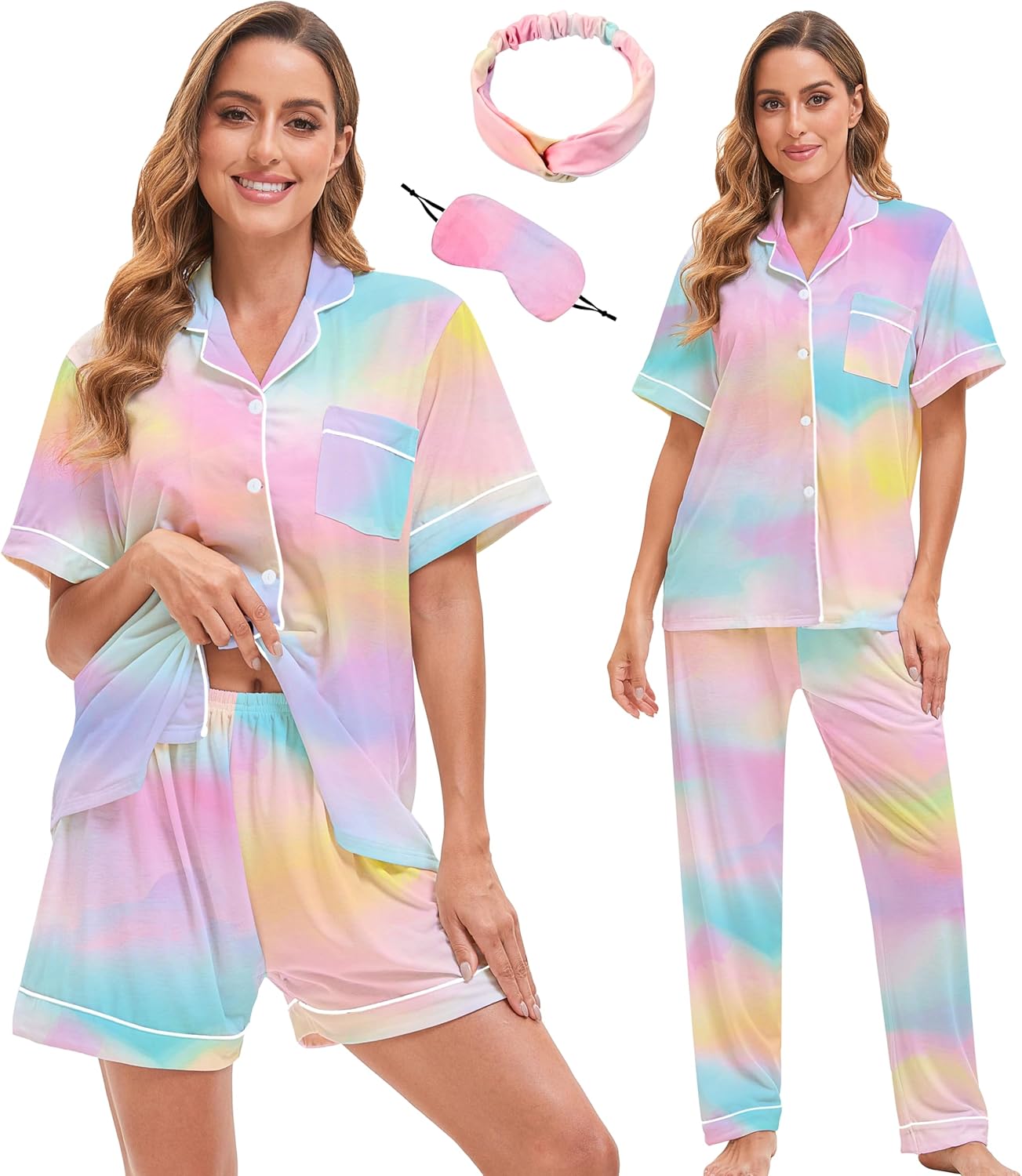 MORFORU 3 Piece Button Up Pajamas for Women Set Soft Pajama Shorts Pants Short Sleeve Pjs Sleepwear Pj Lounge Sets