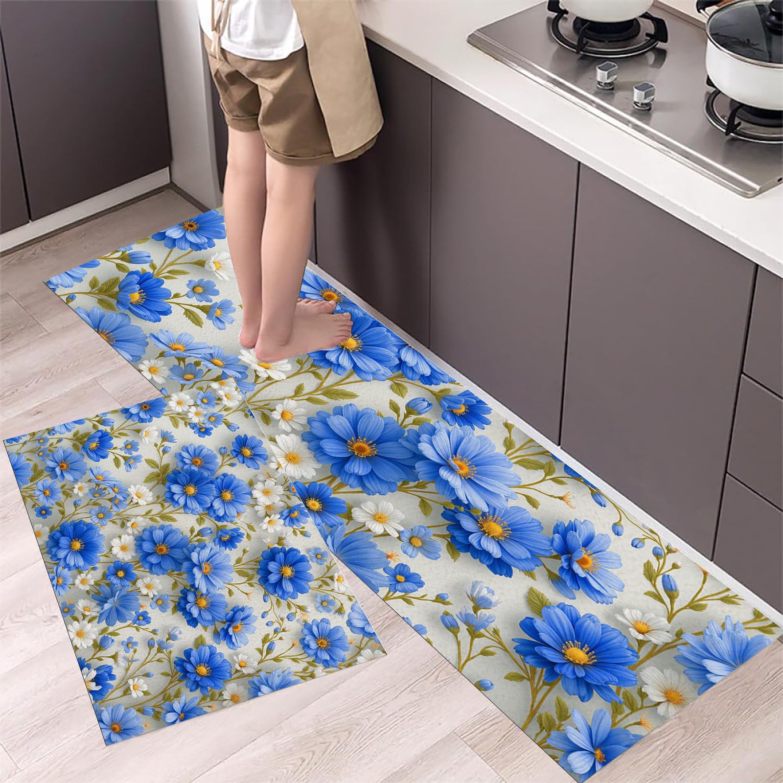 Alfombra de cocina de 2 piezas azul con hojas verdes juego de alfombras de 43x75cm
