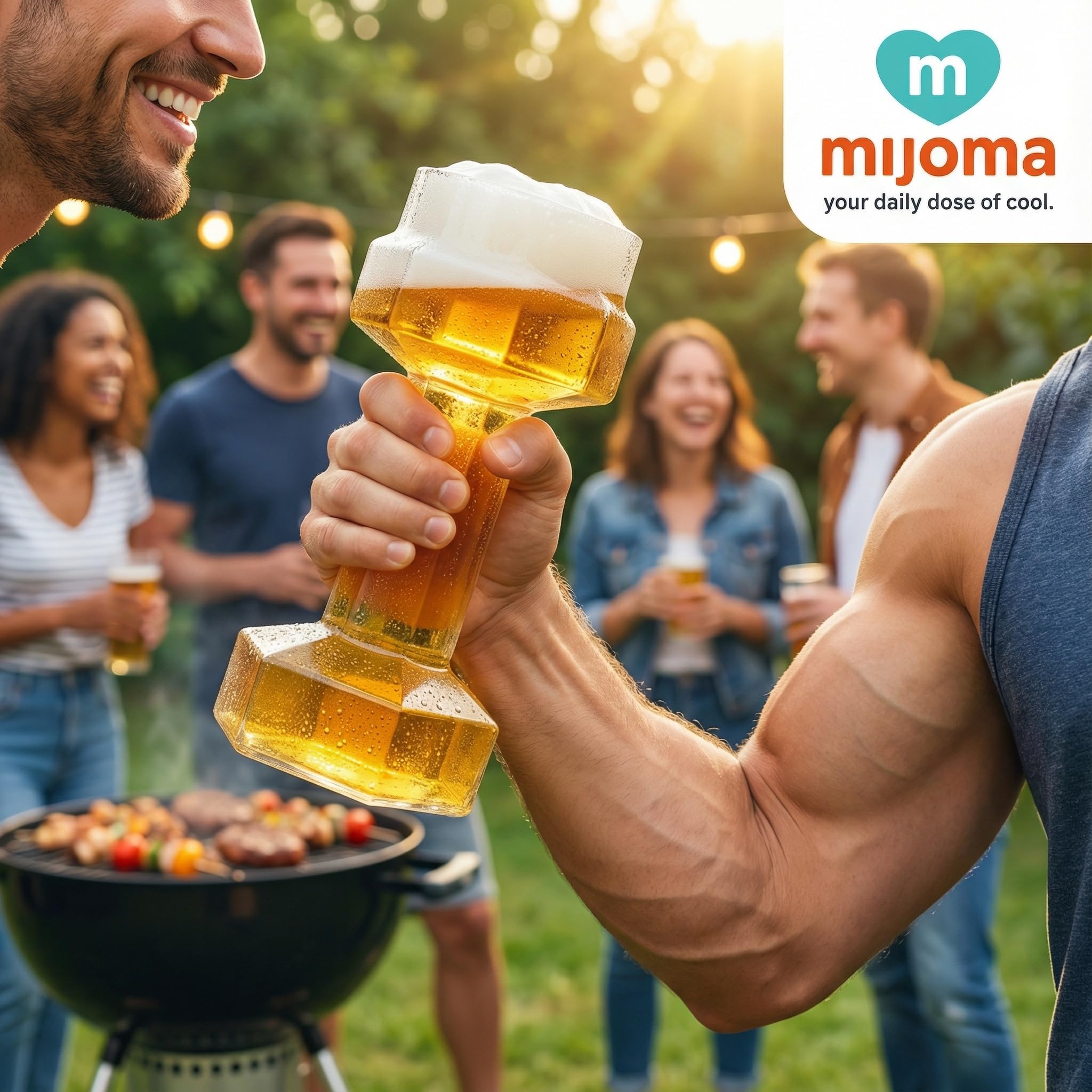 MIJOMA Bicchiere da birra a forma di manubrio, 22 cm – 700 ml – Allenamento casual per sport del bere, manubrio per amici della birra per fitness e feste – Un'avventura birraria per gli amanti del
