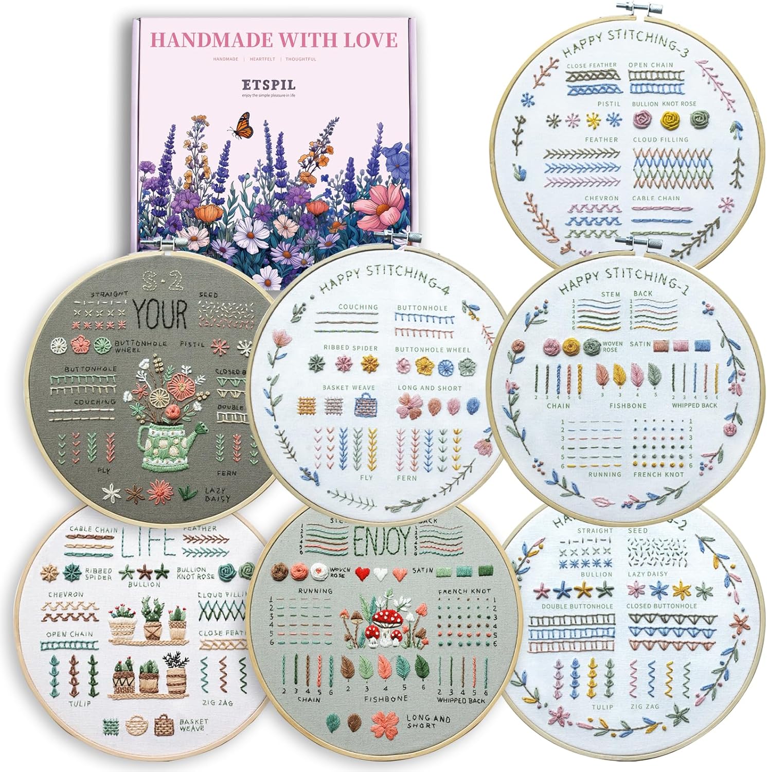 ETSPIL 7 Pack Beginner Embroidery Kits for Adults – DIY Starter Set with 33 Stitch Techniques, Stamped Wreath and Plant Patterns, Embroidery Hoop, Colorful Threads, Tools, Step-by-Step Instructions &