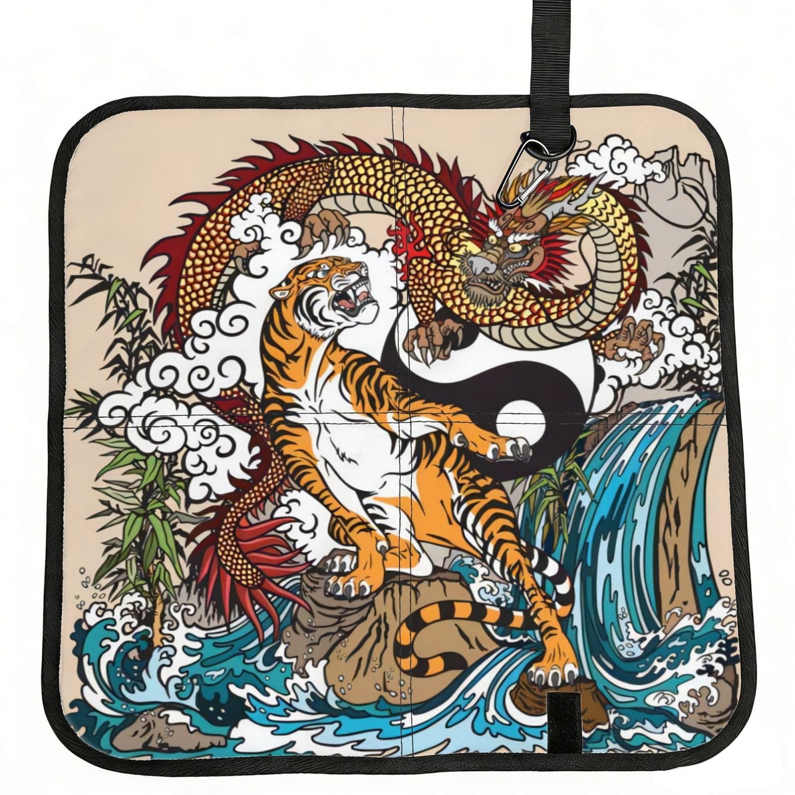WZYCWB Dragon and Tiger Foldable Seating Cushion with Carabiner - Stadium Mat for Camping, Hiking and Outdoor Activities