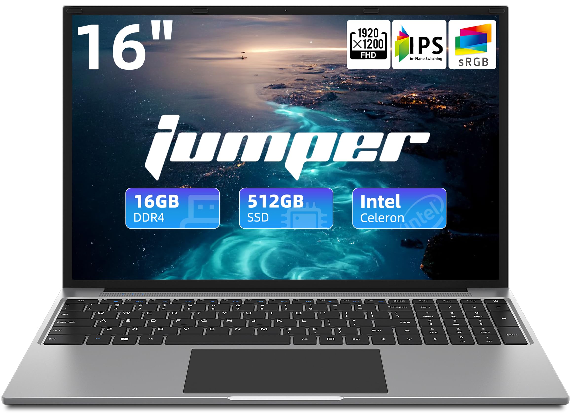 jumper 16 Inch Laptop, 16GB RAM 512GB SSD, 4-Core Celeron N5095, FHD IPS 1920x1200 Screen, Windows 11 Laptops Computer with 4 Stereo Speakers, USB3.0, WiFi-5, Webcam, HDMI.