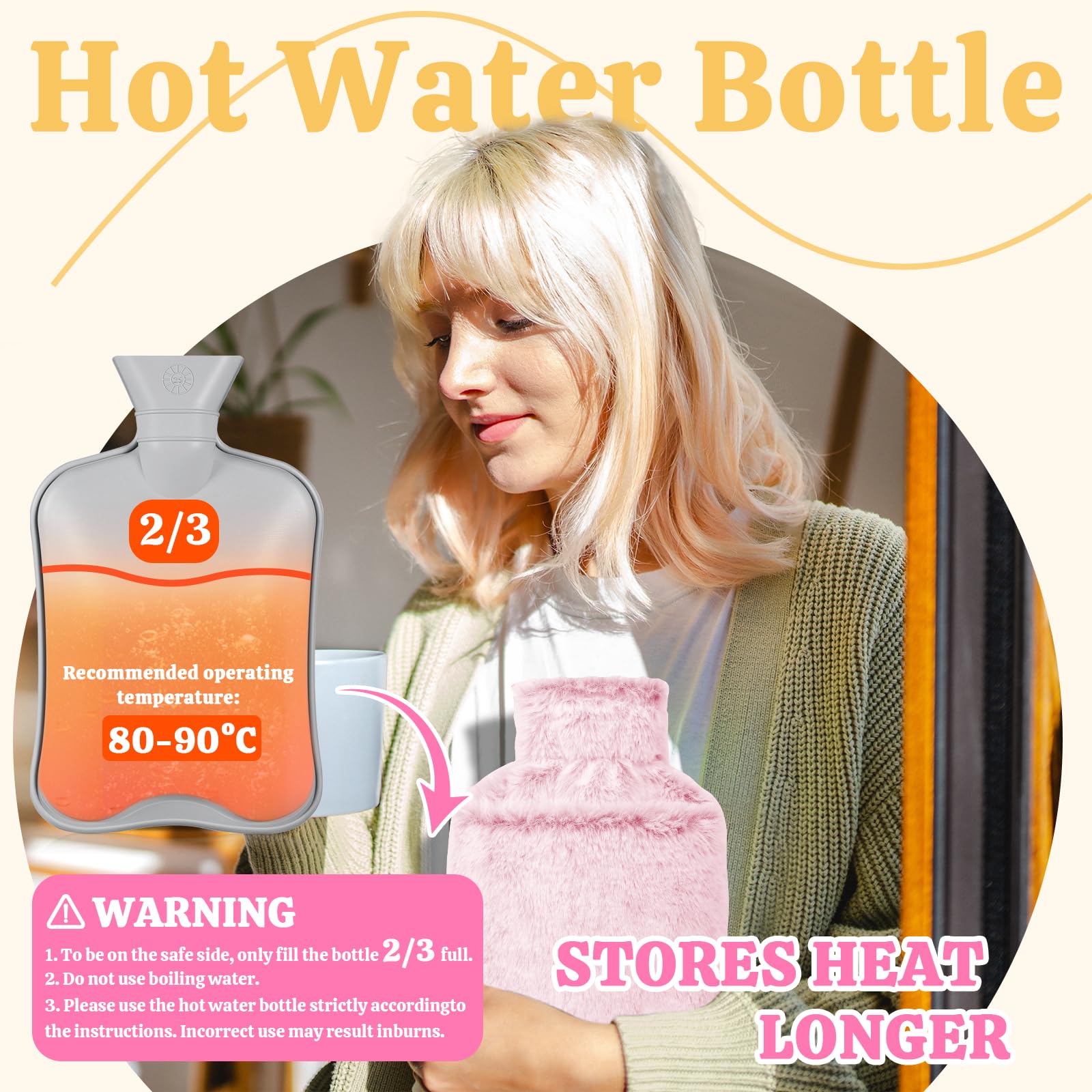 Bolsa De Agua Caliente Con Funda, 2L Bolsa De Agua Caliente Peluche, Con Bolsillo Tipo Canguro, A Prueba De Fugas Y Probada, Mantiene El Calor Durante Mucho Tiempo (Rosa)