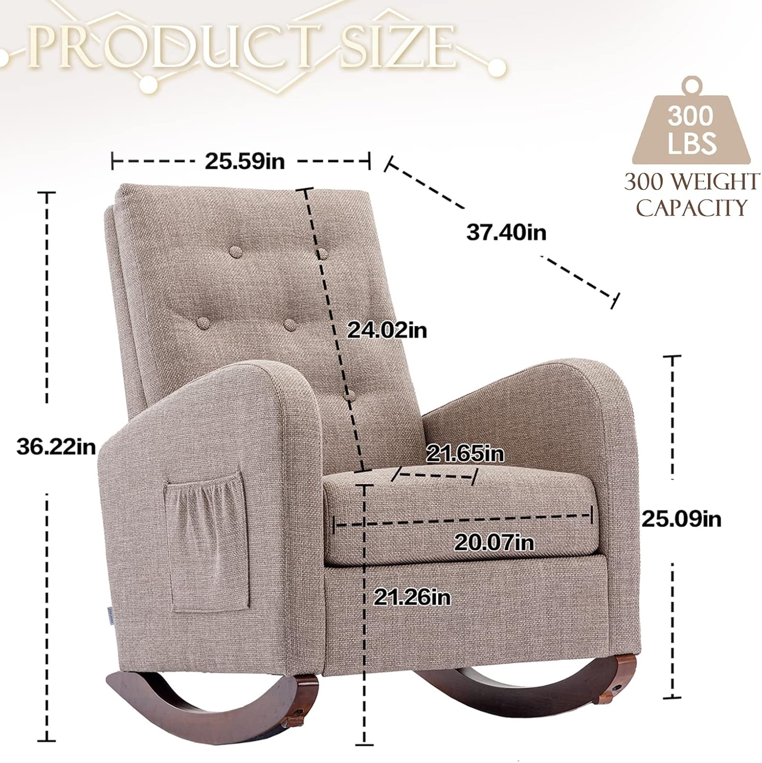 KINFFICT Comfy Rocking Chair, Upholstered Accent Glider Rocker for Baby Nursery or Relaxation, Living Room Armchair with High Back and Buttons Decor, Modern Rocking Glider with Side Pocket, Camel