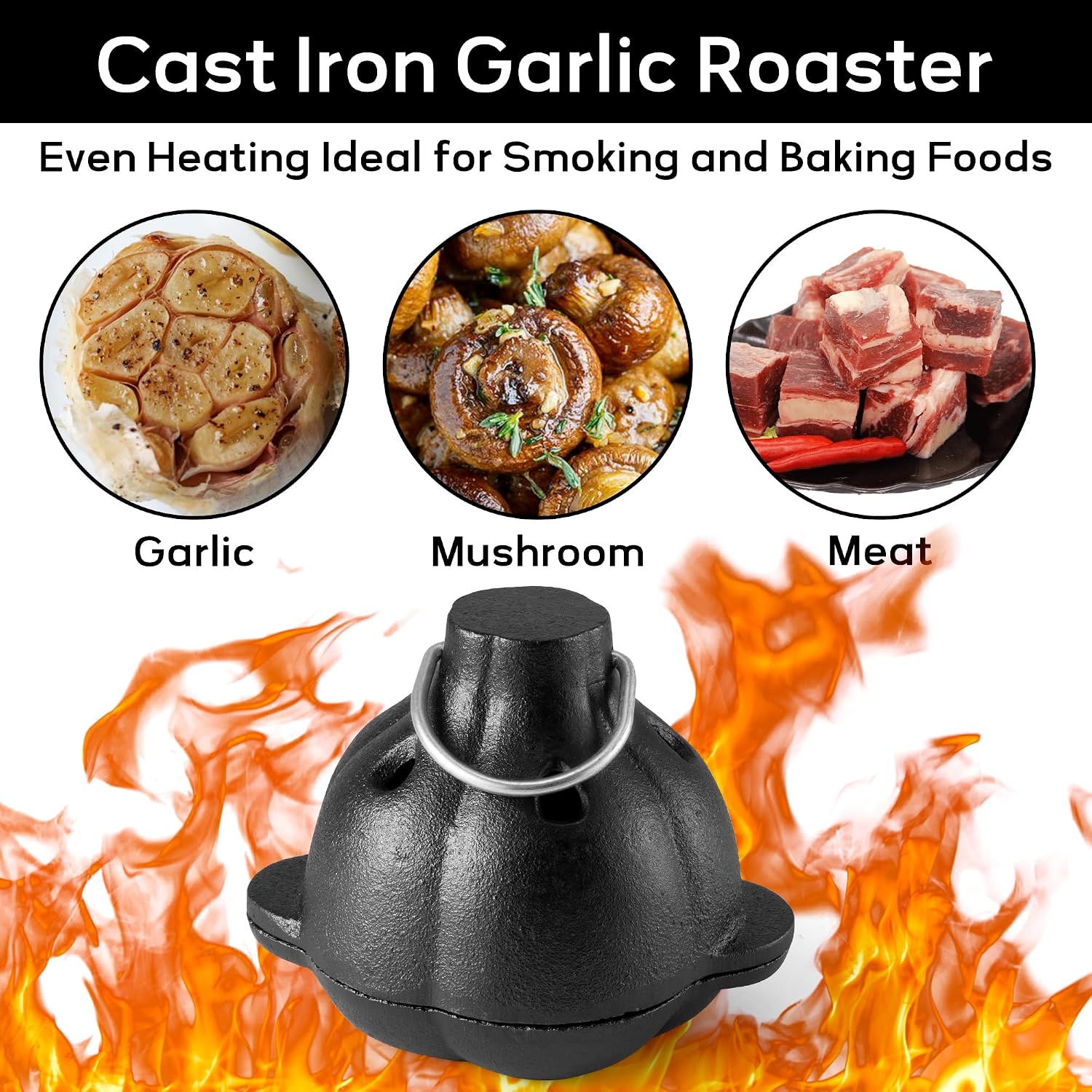 Cast Iron Garlic Roaster, Pre-Seasoned Smoker Roaster Box With Stainless Steel Garlic Press, for Smoky Garlic Mushroom Vegetable Meat Picnic Camping Patio Backyard Indoor Outdoor