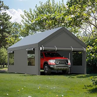 JY QAQA Carport, 12x20 FT Heavy Duty Carport Portable Garage Reinforced Steel Poles with Removable Sidewalls & Doors,Roll-up Windows Car Canopy with Sandbags and All-Season Tarp for Car Truck