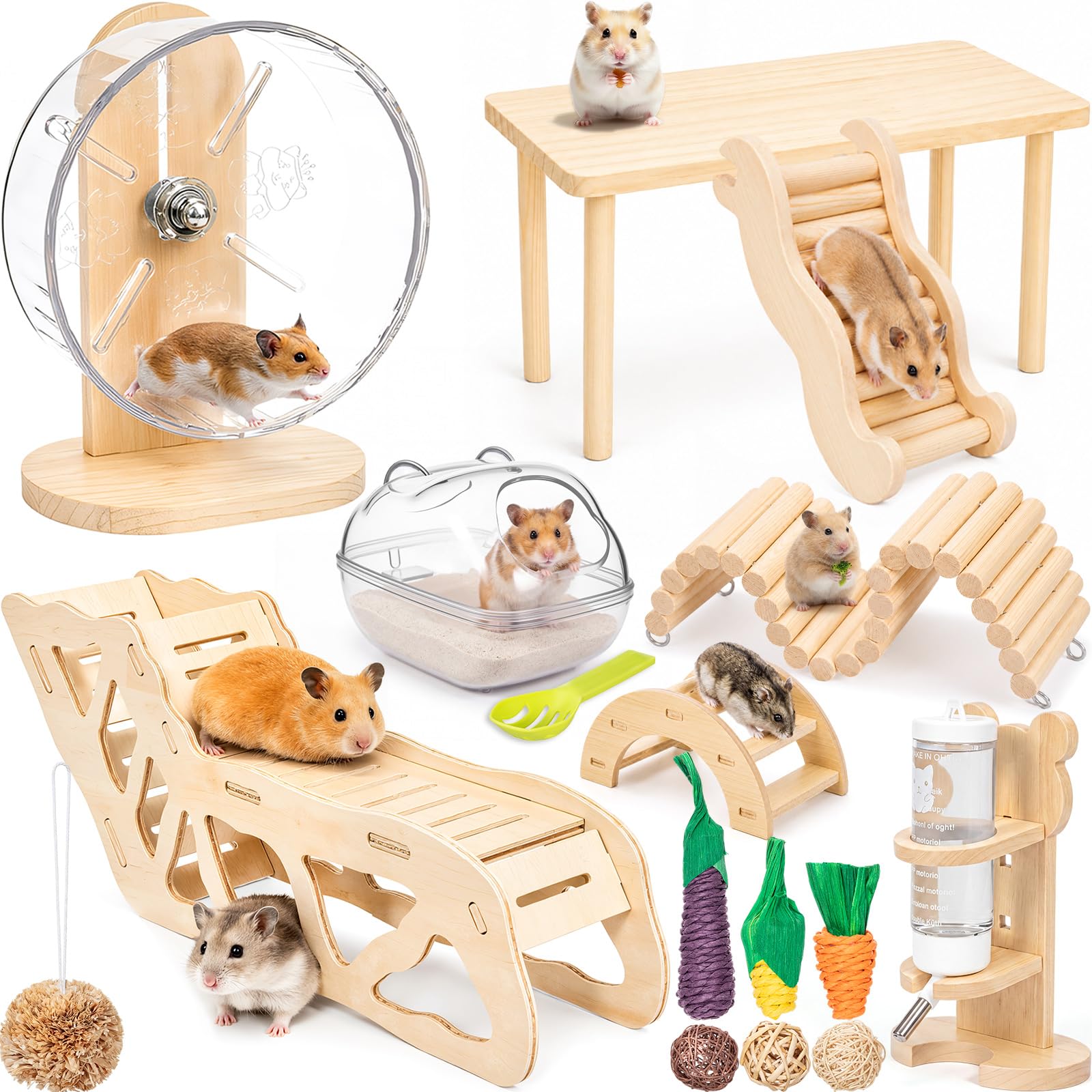 Marsui 17-teiliges Hamsterkäfig-Zubehör, inklusive Hamsterplattform, Versteck, Tunnel, leises Rad, Kletterleiter, Zaun, Wasserflaschen-Set mit Sandspiel, Kauspielzeug für kleine Tiere
