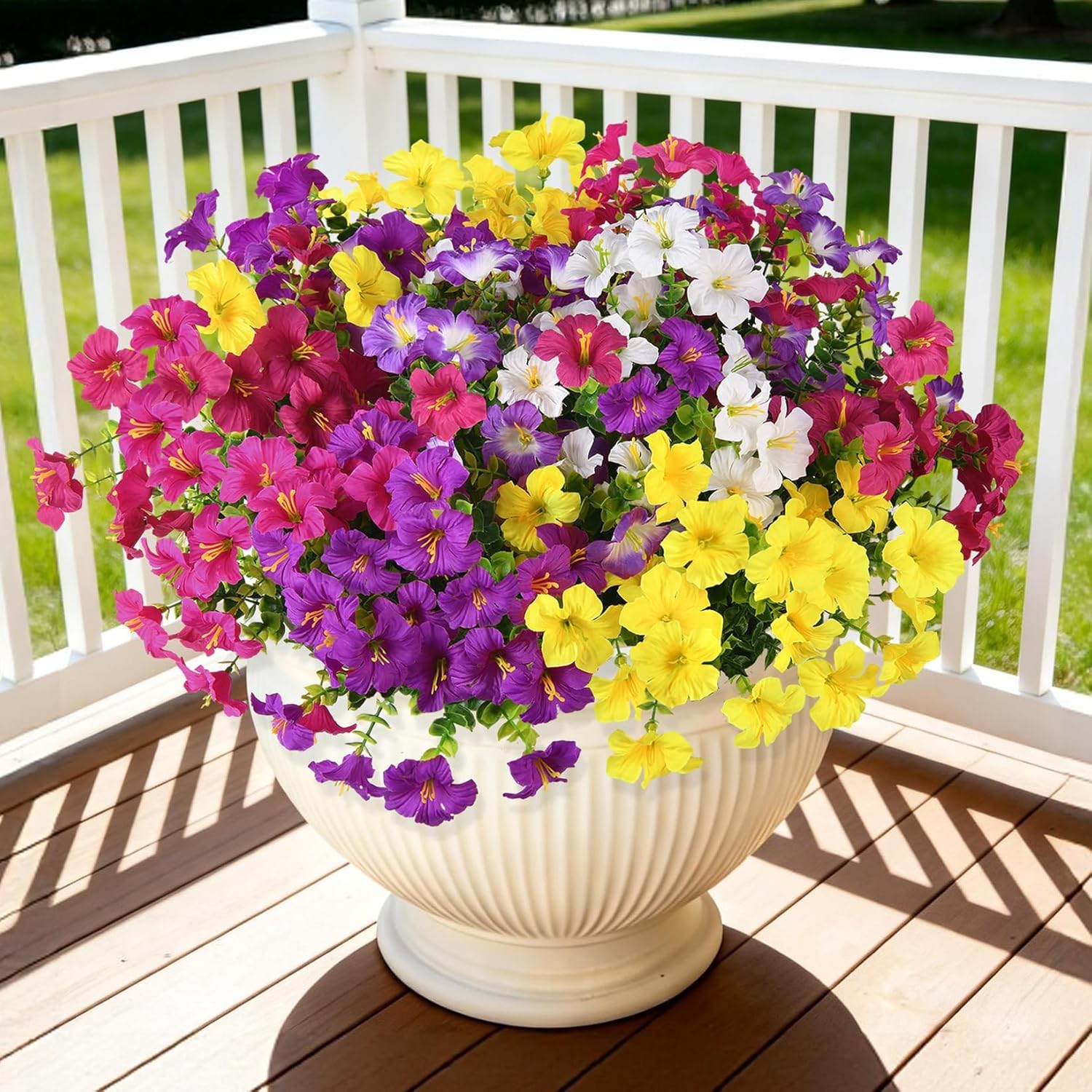 INQCMY Artificial Flowers for Outdoors Fake Plants Spring Summer Decoration, 12 Bundles Faux Petunias UV Resistant No Fade Realistic Silk Flower for Outside Planters Patio Porch Yard Window Box