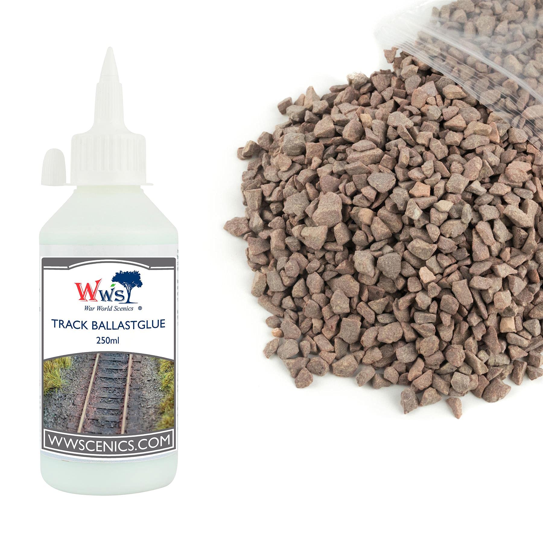 War World Scenics 500g Ballast & 250ml Glue Kit for Model Rail Tracks – Large Grade Red